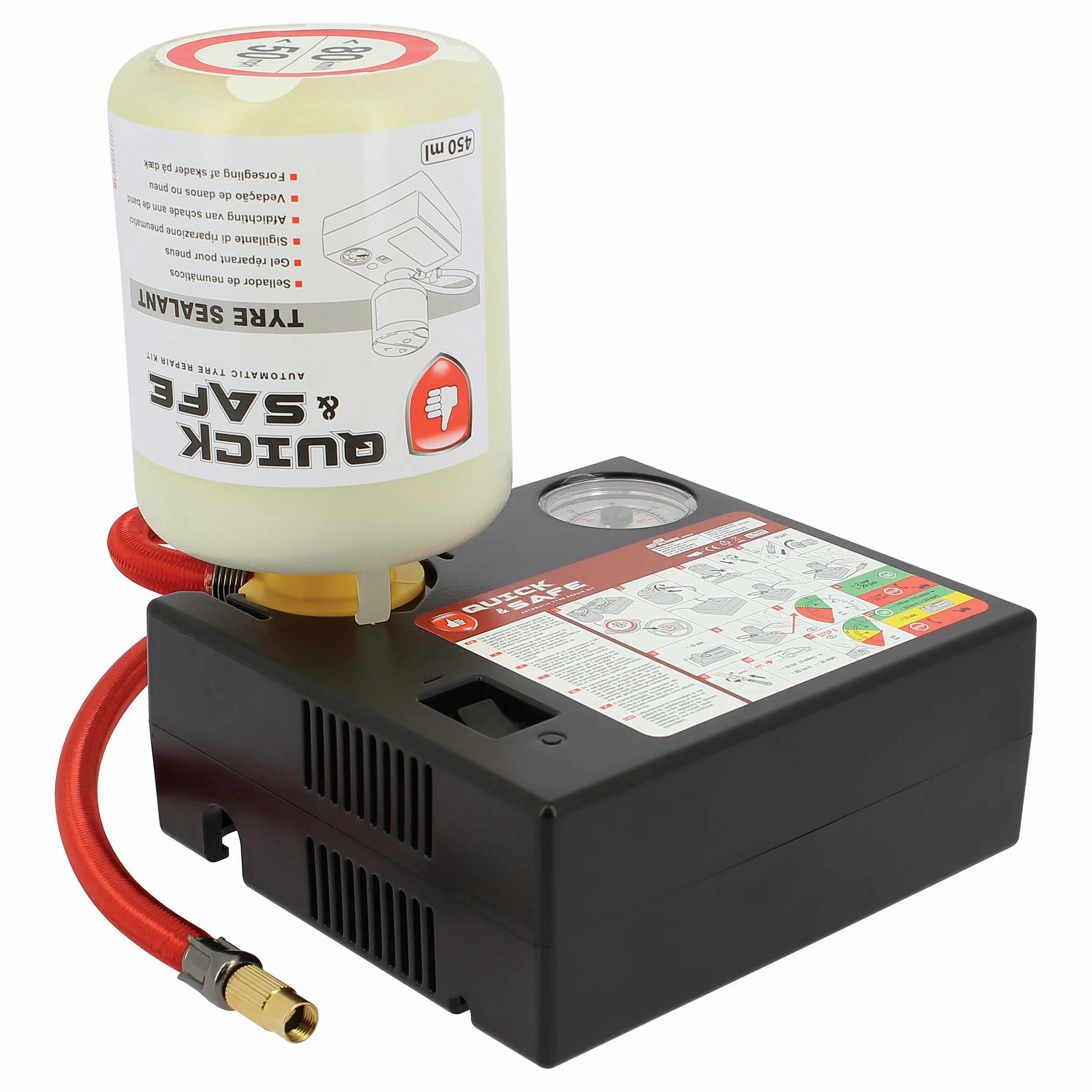 S SUMEX Kit de Reparación de Pinchazos para Coche Arregla y Repara Neumáticos Compresor de Aire de 180w con Conector 12V y 450ml Líquido Sellante