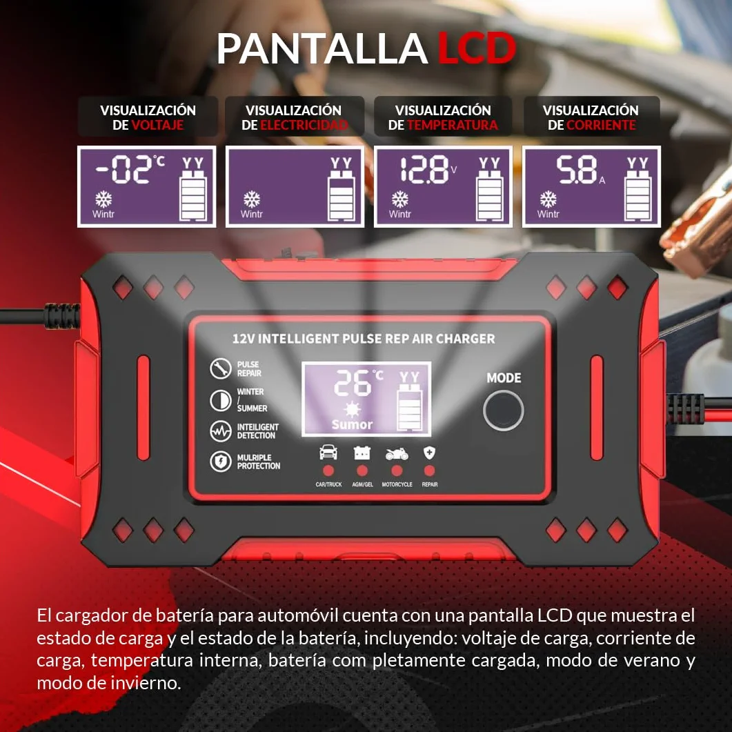 SweetSolutions© Cargador Baterias Coche 12V6A | Cargador De Batería Coche con Función Inteligente | Reparación Automática | Pantalla LCD | Automóviles Moto Camión AGM Gel SLA