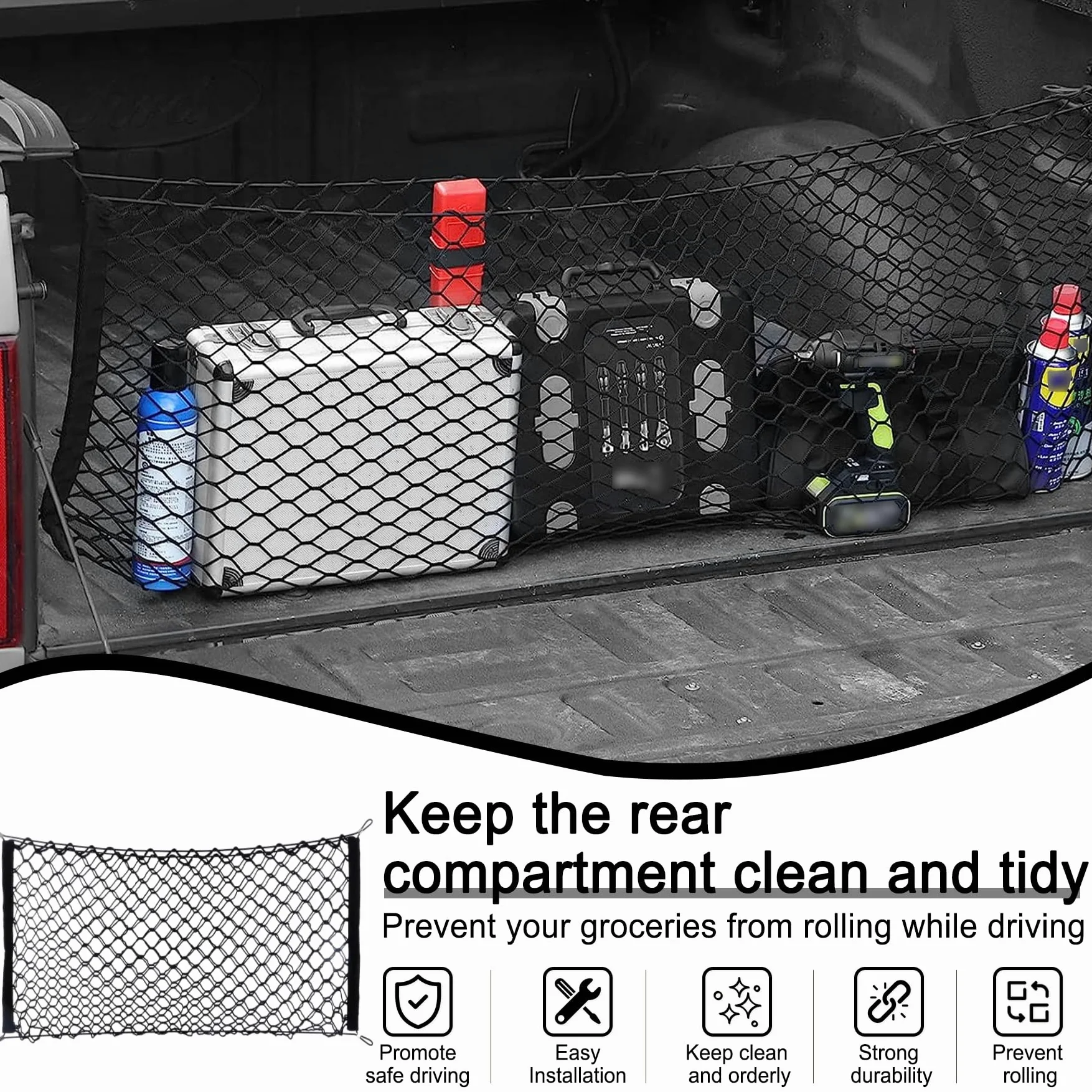 Amiss Red de Carga elástica para Caja de camioneta, Red de Almacenamiento Ajustable con Gancho, Accesorios para Divisor de Cama de camioneta, Organizador y Almacenamiento, Compatible con Chevy
