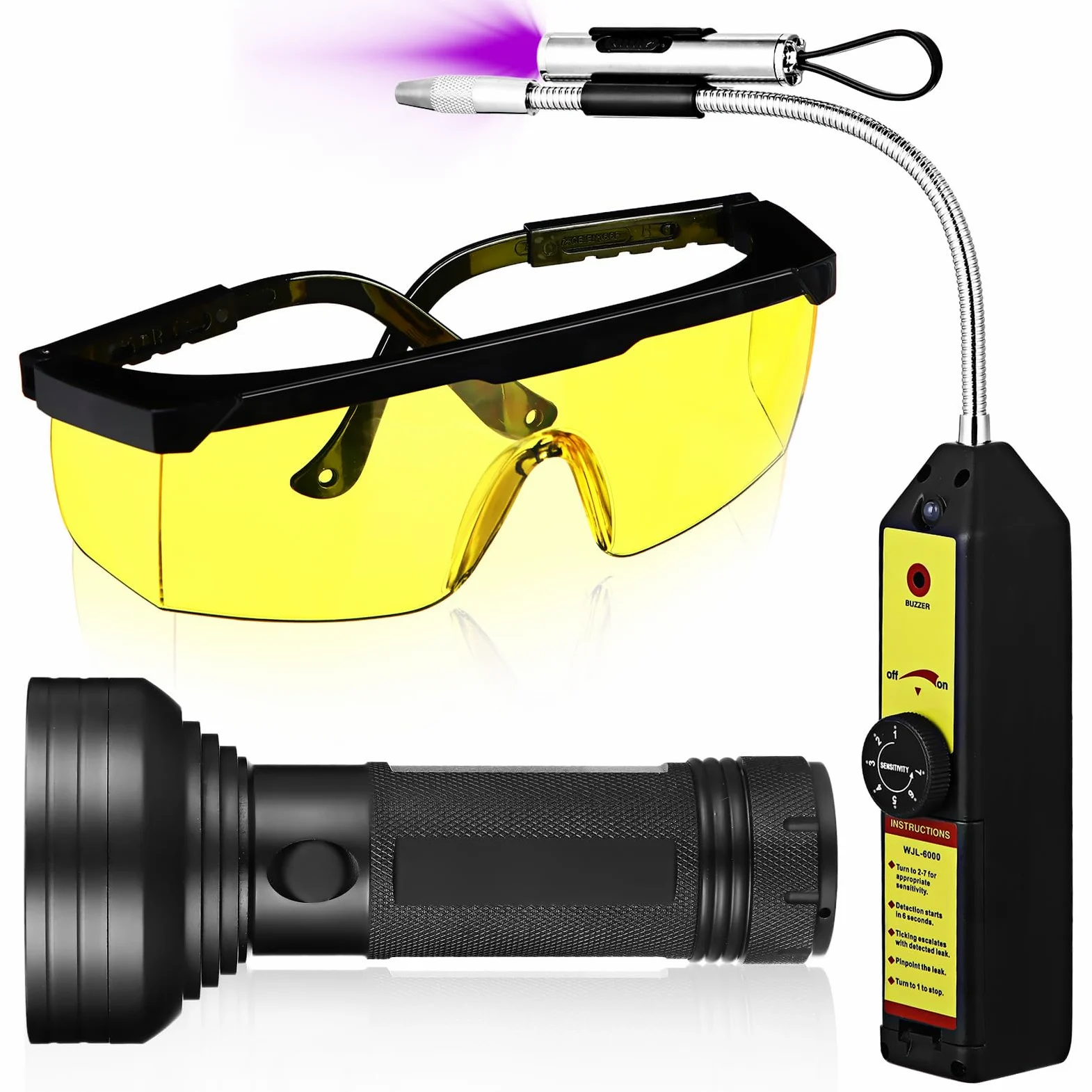 Glooglitter Herramienta de detección de fugas de aire acondicionado automático WJL-6000, detector de fugas de refrigerante con linterna UV y gafas protectoras UV amarillas para aire acondicionado HVAC