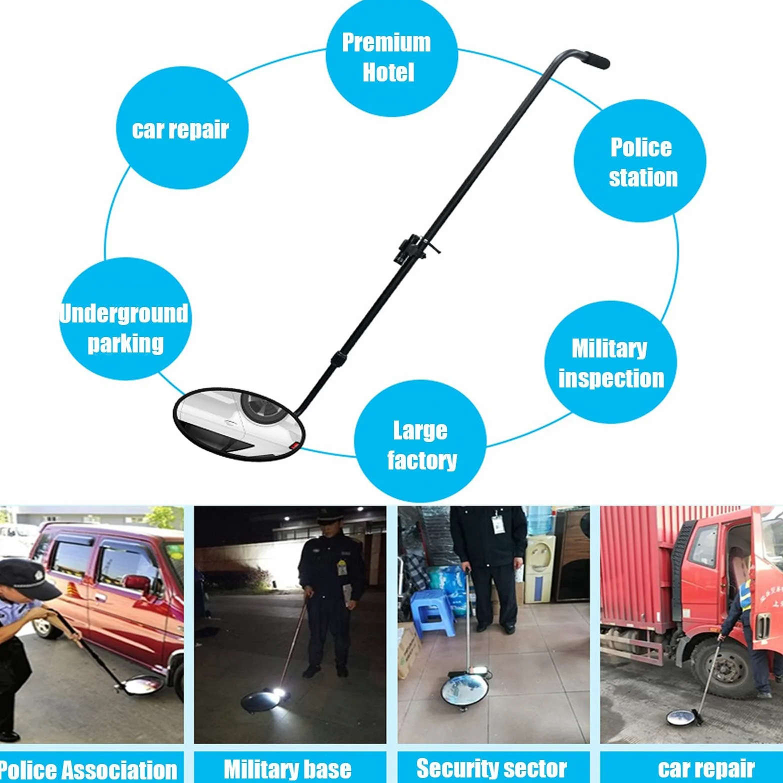 Espejo de inspección de Bajos de vehículos, Espejo Convexo telescópico 2X con luz LED y Ruedas universales, Reflector de inspección de vehículos,