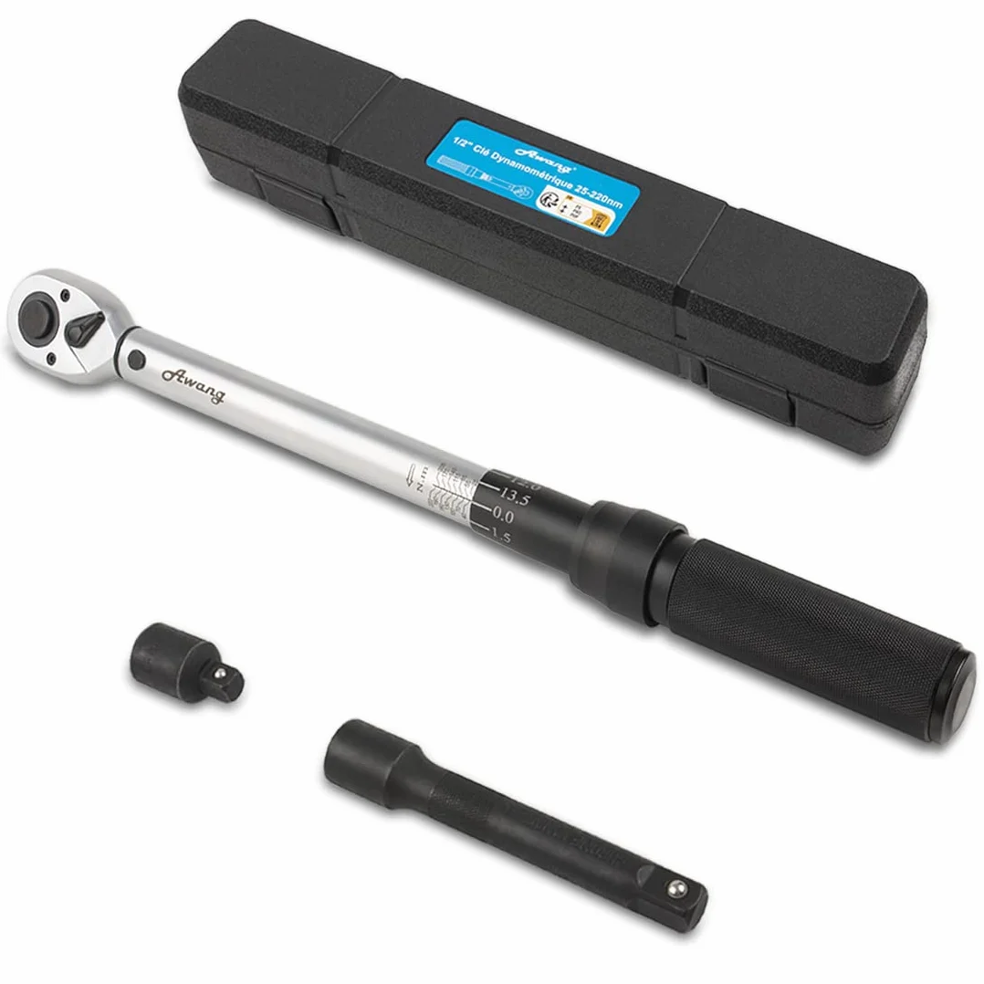 Awang Juego de llaves de torque 1/2”, 25-220 Nm con adaptador, extensión y maletín, preciso y fácil de usar para automóvil y motocicleta