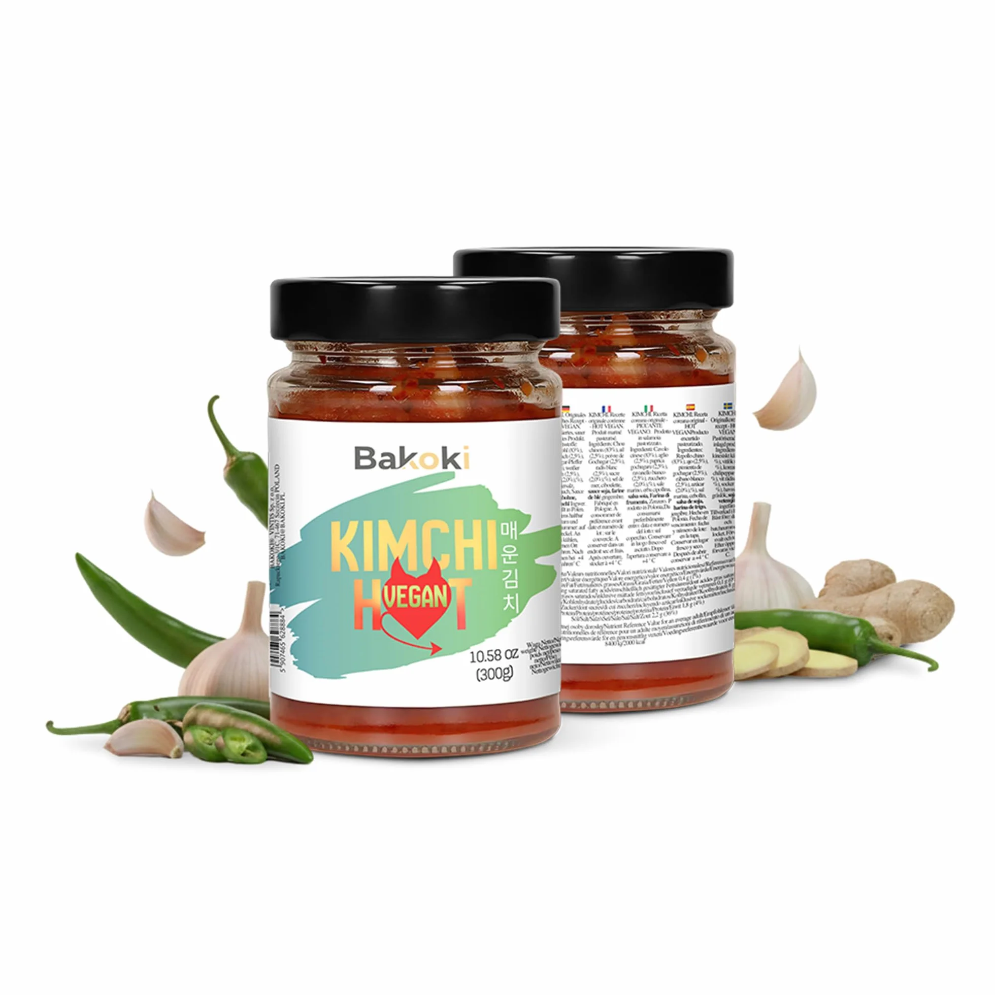 Bakoki Premium 매운 김치 Hot‑Kimchi VEGAN Gochugaru kimchi coreano picante repollo napa fermentado tradicional probiótico umami 2 x 300 g