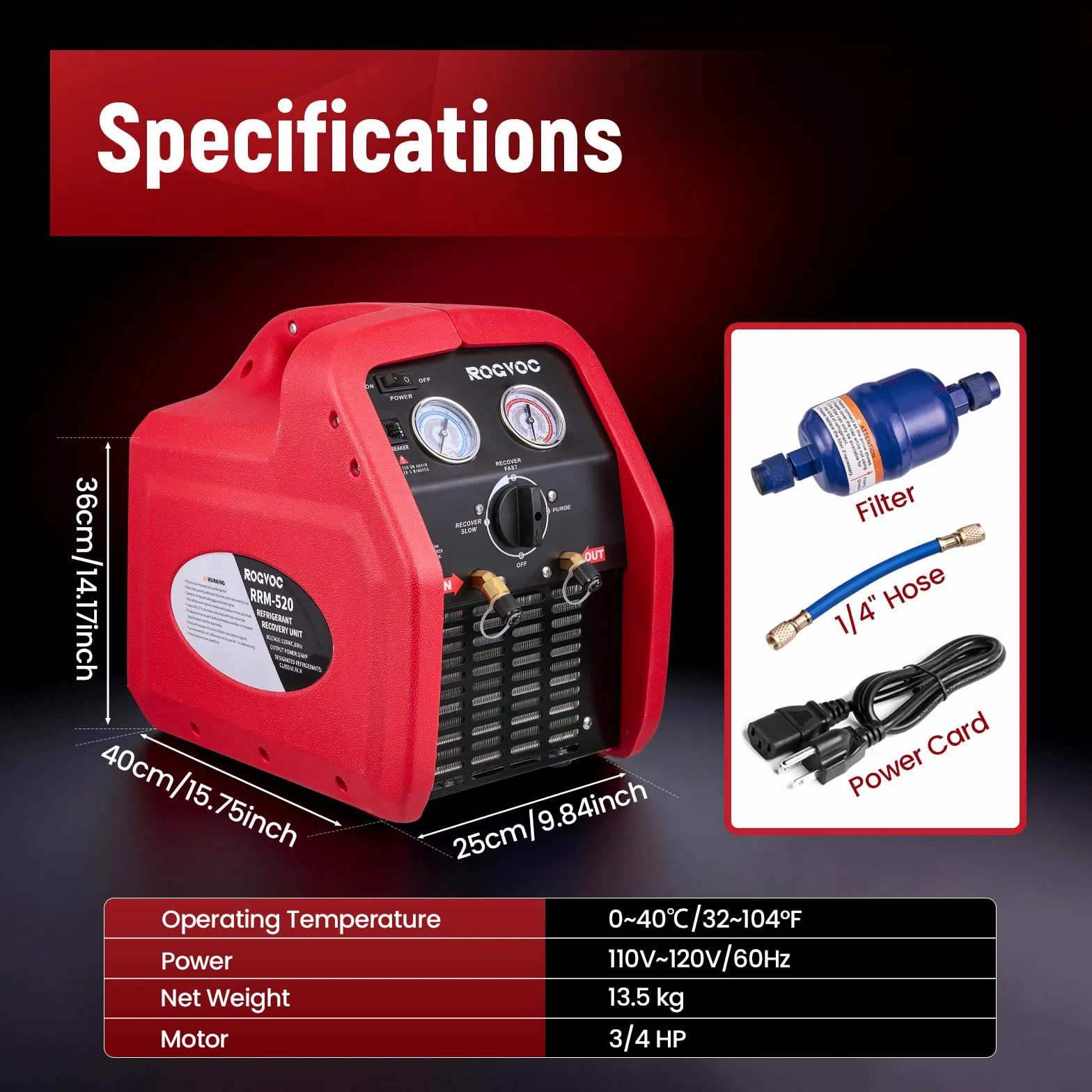 Máquina de recuperación de refrigerante de 3/4 HP, 110-120 V, 60 Hz, máquina portátil de recuperación de CA con protección de alta presión, unidad de reciclaje portátil HVAC para sistema de