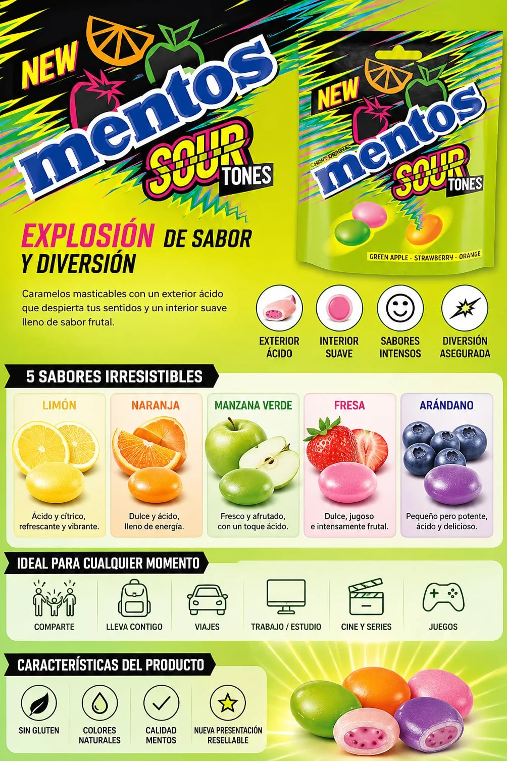 Mentos Sour Tones Caramelos Ácidos Pack 7 Bolsas Limón Naranja Manzana Verde Fresa Arándano