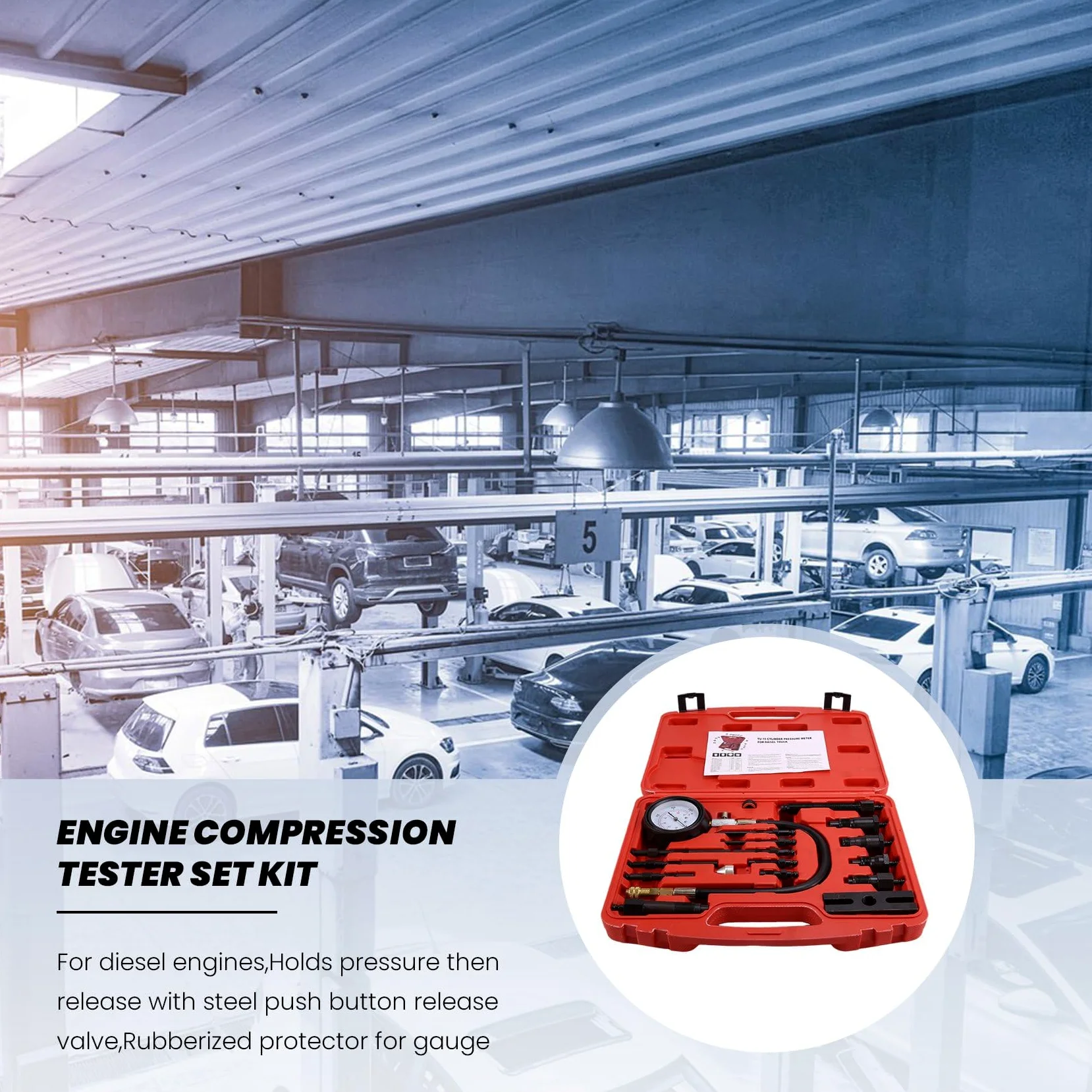 Kit de Comprobador de Compresión de Motor con Manómetro TU-15B, Medidor de Presión para Pruebas de Cilindros