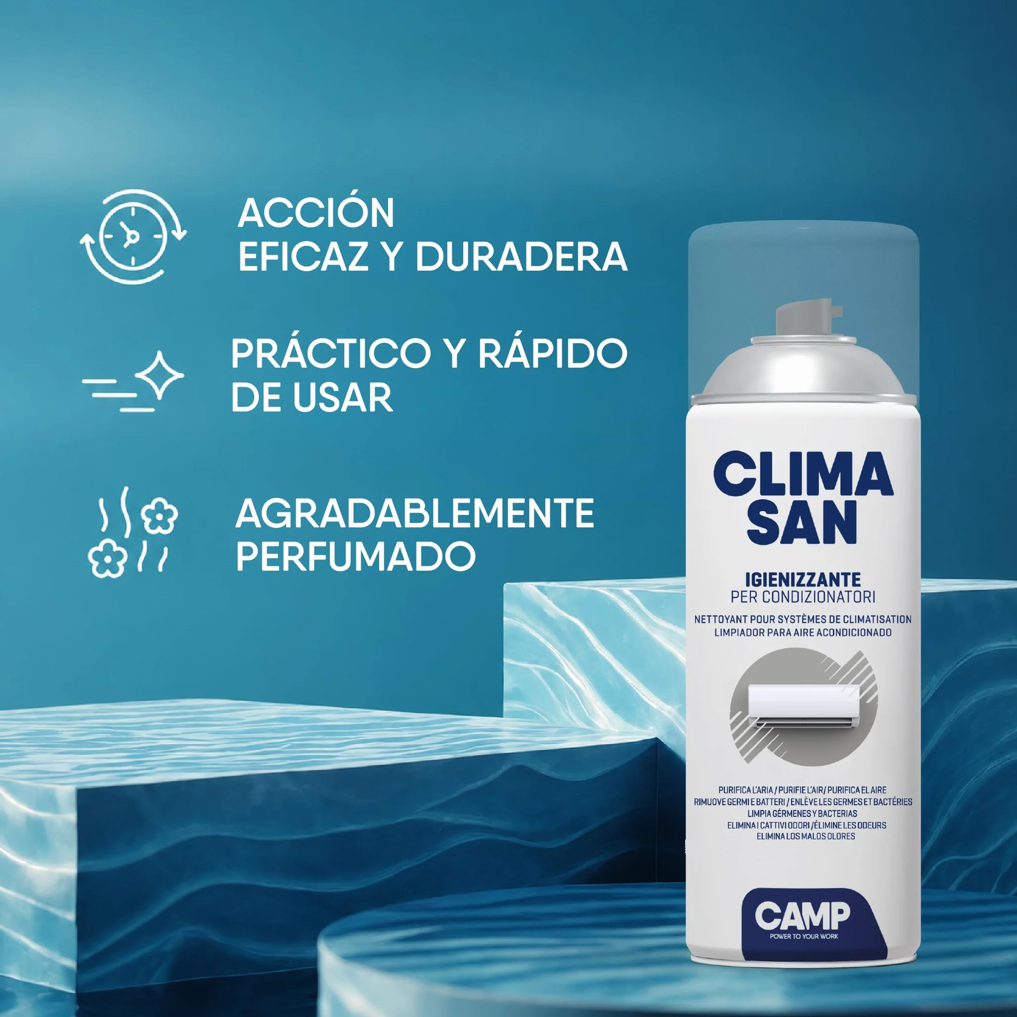 CAMP Climasan Limpiador – Limpiador Aire Acondicionado Casa, Spray para Climatizador Ideal para Remover Gérmenes y Bacterias, Limpieza Aire Acondicionado a Acción Purificadora, Made in Italy, 400 ml