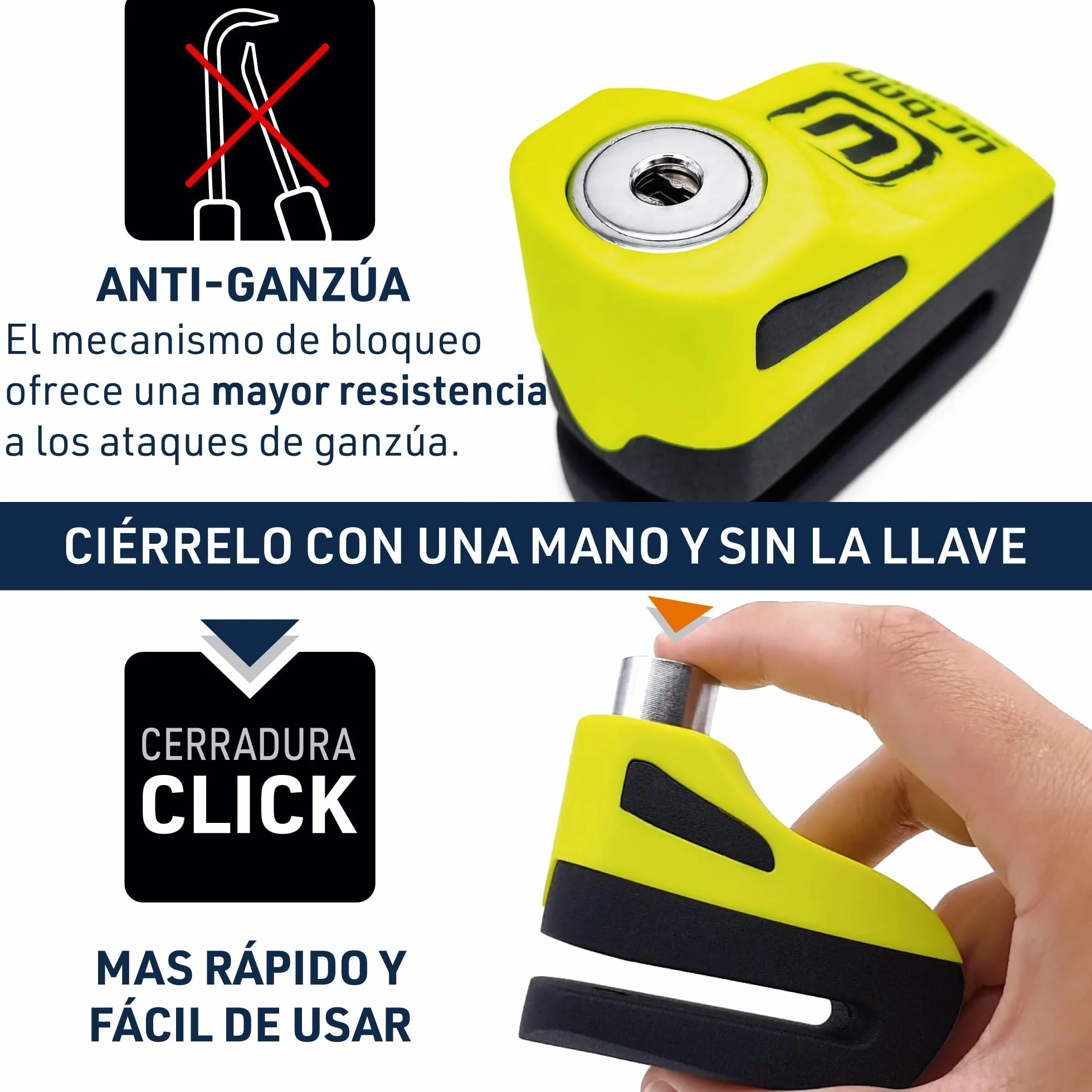 URBAN UR955Y Candado Moto Disco Universal, Seguridad Compacta y Eficaz, Más Visible Más Disuasorio, Rápido Bloqueo Click, Antirrobo Bloqueo Pinza Disco Freno Moto, Bicicleta, Patinete Electrico
