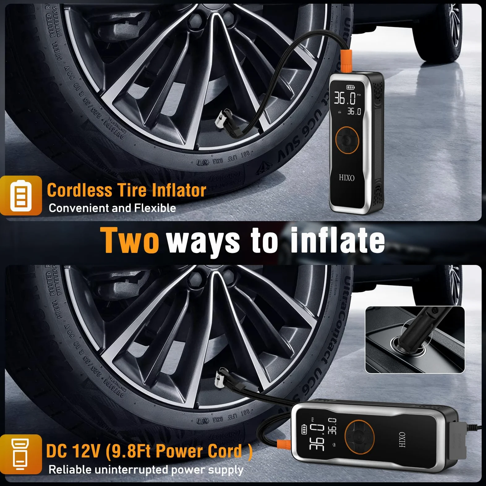 Compresor de aire portátil inflador de neumáticos, bomba de aire inalámbrica para neumáticos de coche con batería de 20000 mAh y 12 V CC, inflador rápido de neumáticos de 150 PSI con manómetro digital