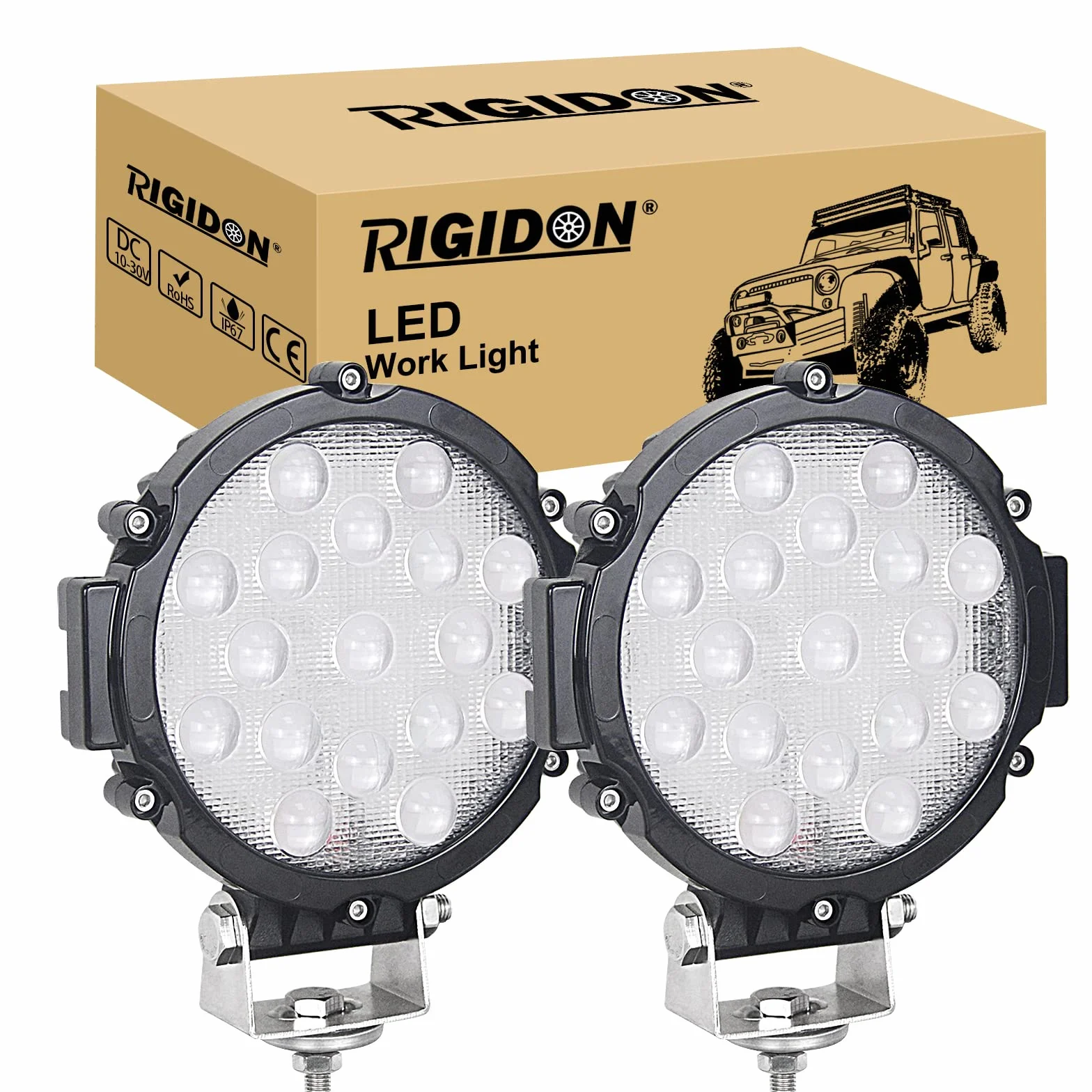 RIGIDON - 2 faros redondos de trabajo LED, color negro 7 pulgadas 51 W 12 V 24 V lámpara de trabajo LED, luces de trabajo para offroad vehículo camiones SUV ATV 4 x 4 barcos, 6000 k led headlight