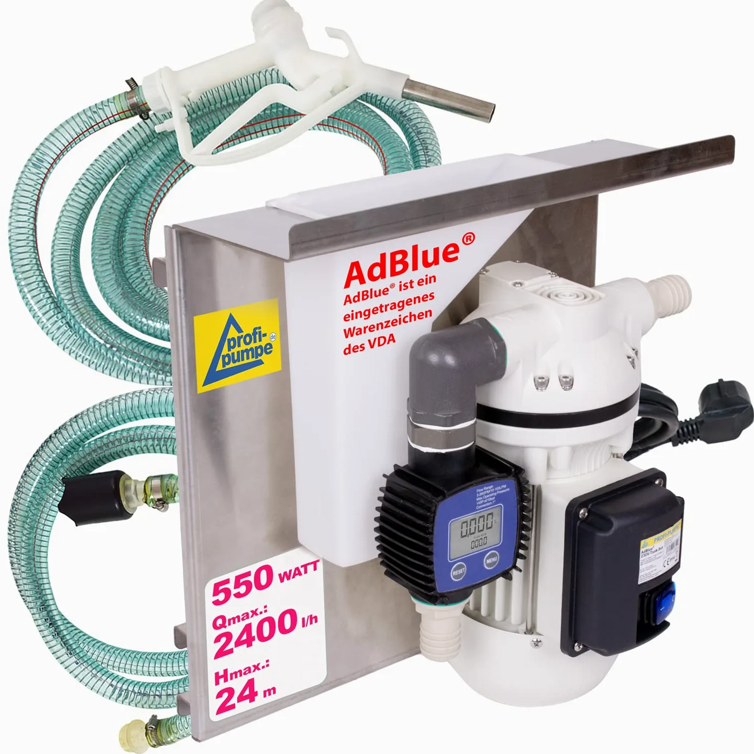 AdBlue® - Kit de depósito para colgar en contenedores IBC, kit completo con bomba autoaspirante de 230 V, manguera de aspiración y presión, pistola AdBlue, contador digital