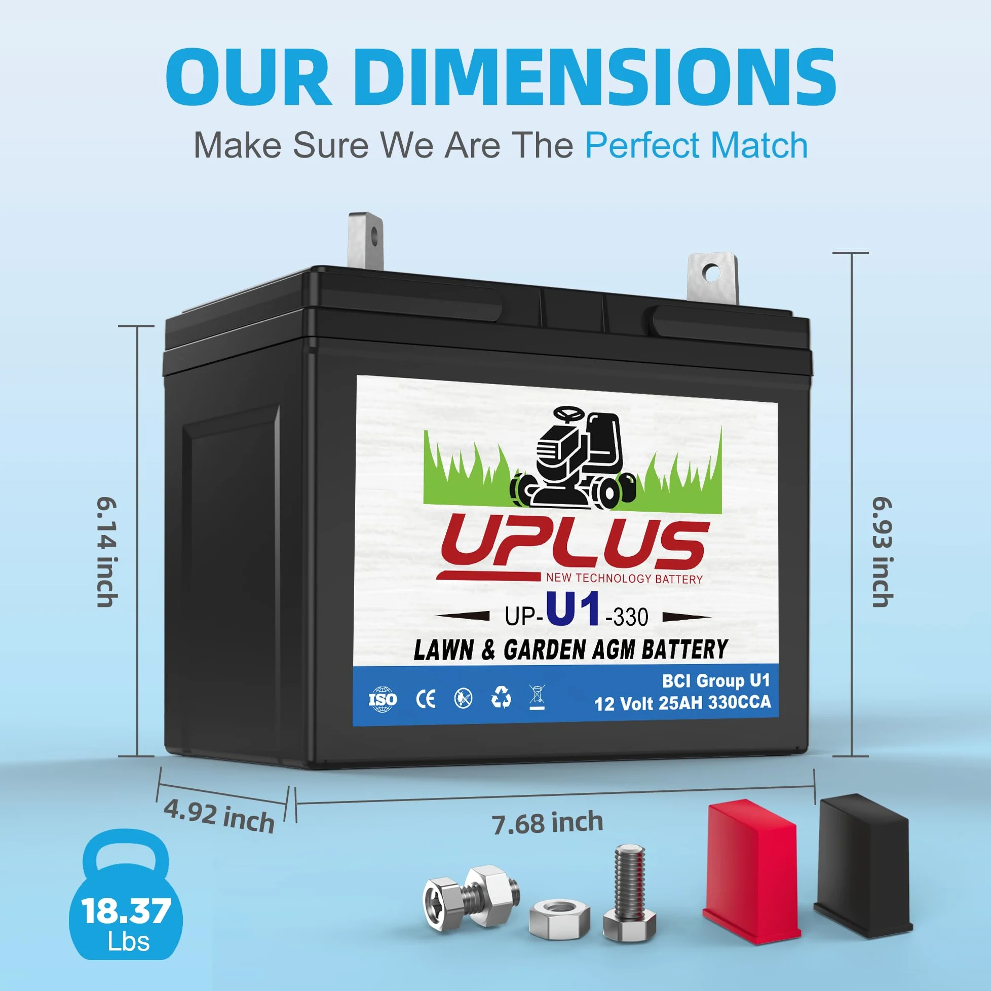 UPLUS U1 - Batería para cortacésped, 12 V, 330 CCA para tractores de jardín | Baterías AGM sin mantenimiento, aptas para John Deere, Cub Cadet, Husqvarna, Craftsman, Toro, Ariens, Poulan Pro y Troy-Bilt