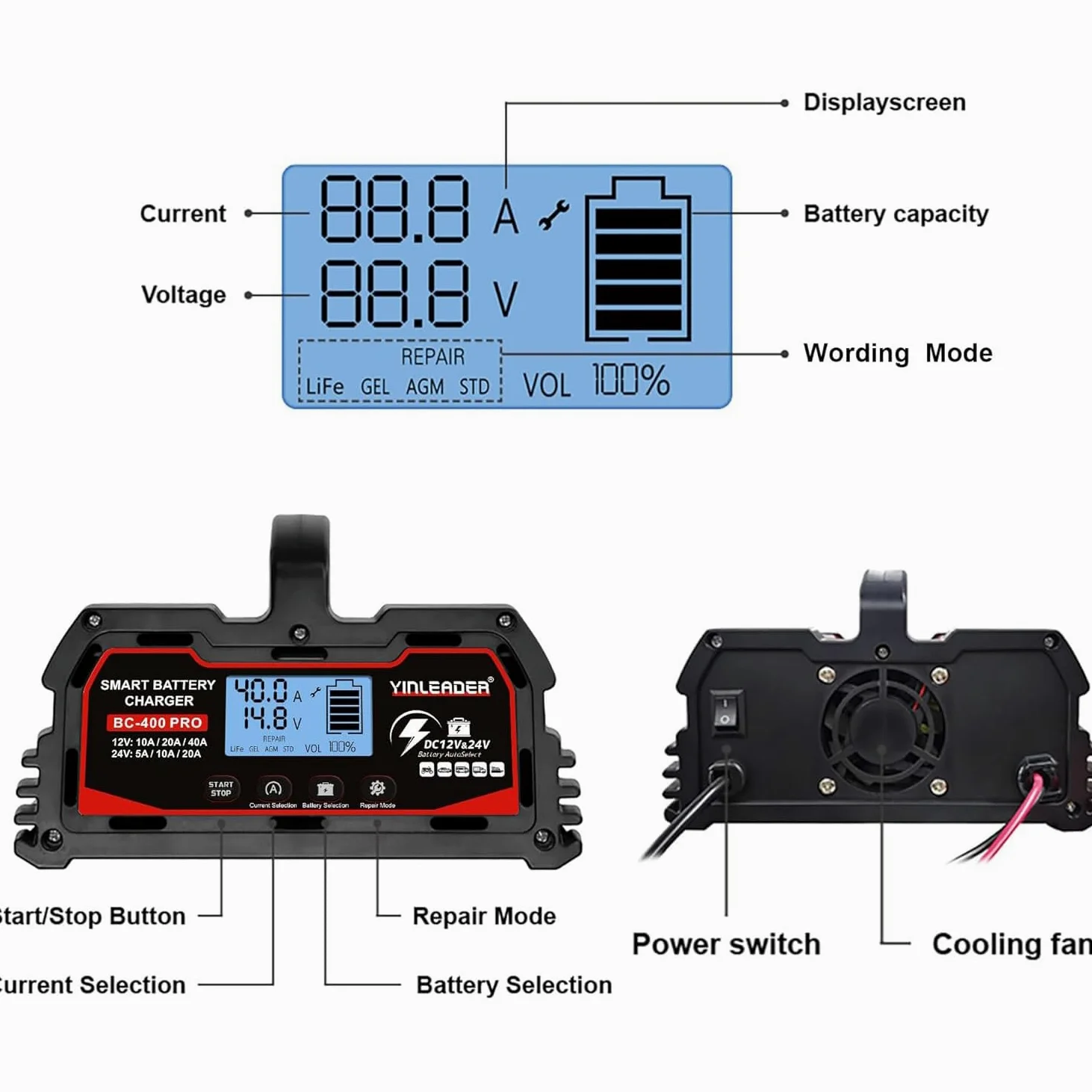 Yinleader Cargador de batería inteligente 40A 12V/24V 20A Cargador de coche LCD Soporte de batería para AGM Moto