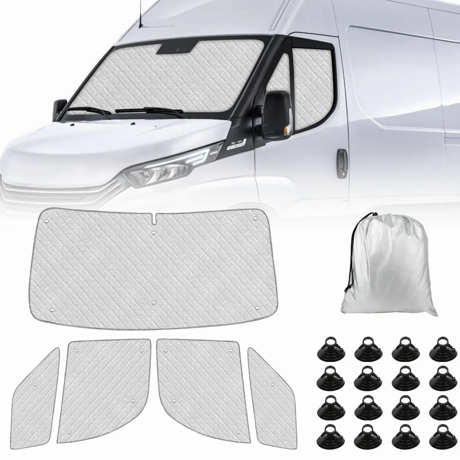 Parasol para Parabrisas Reemplazo para Iveco Daily 2014-2026, 3 Piezas Protector de Parabrisas, Juego de Parasol Térmico Interno con Bolsa de Almacenamiento, 100% Oclusión | Juego de 5 piezas de protección para parabrisas de oscurecimiento, persianas térm
