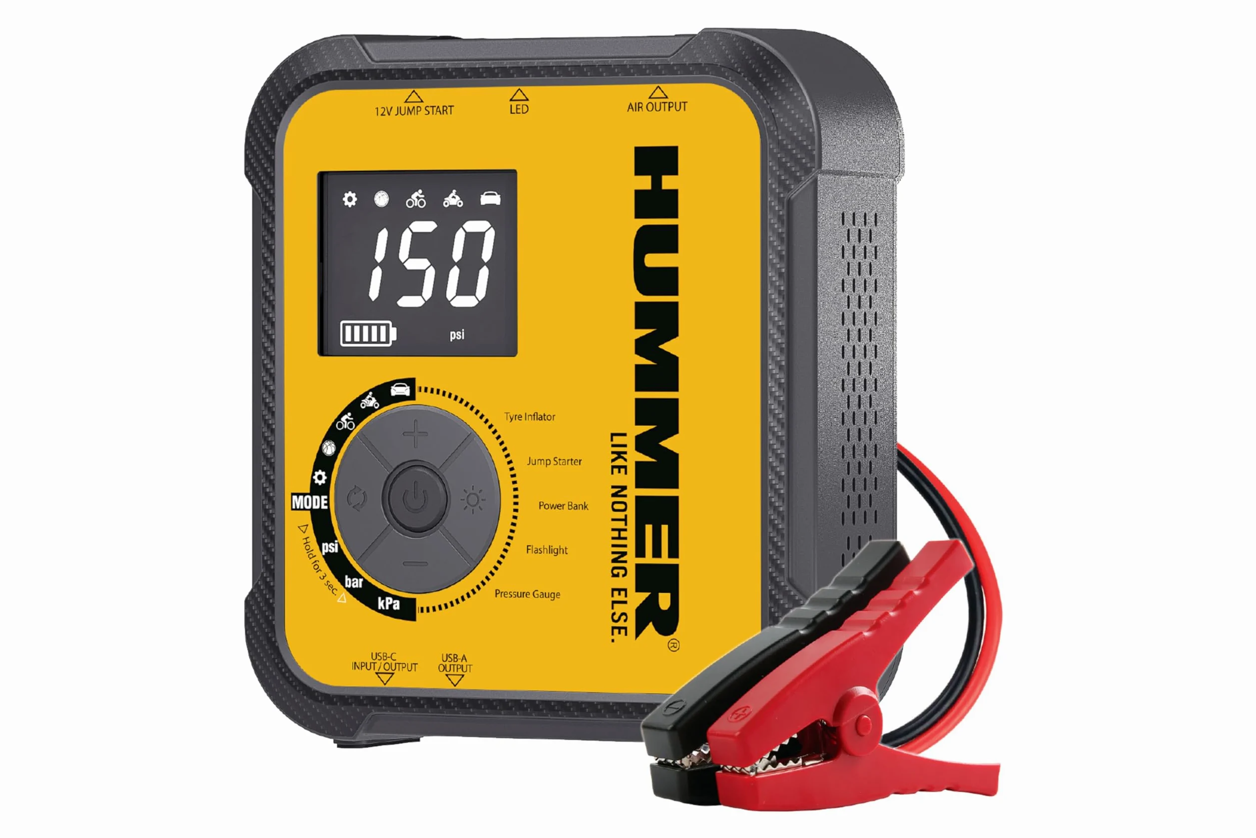 Hummer H10T Arrancador Multifuncional 10000mAh con Compresor 150 PSI, Jump Starter 2000A para Motores Gasolina 8.0L y Diésel 7.0L, Inflador Inalámbrico, Power Bank USB-C PD 30W y USB-A QC 18W