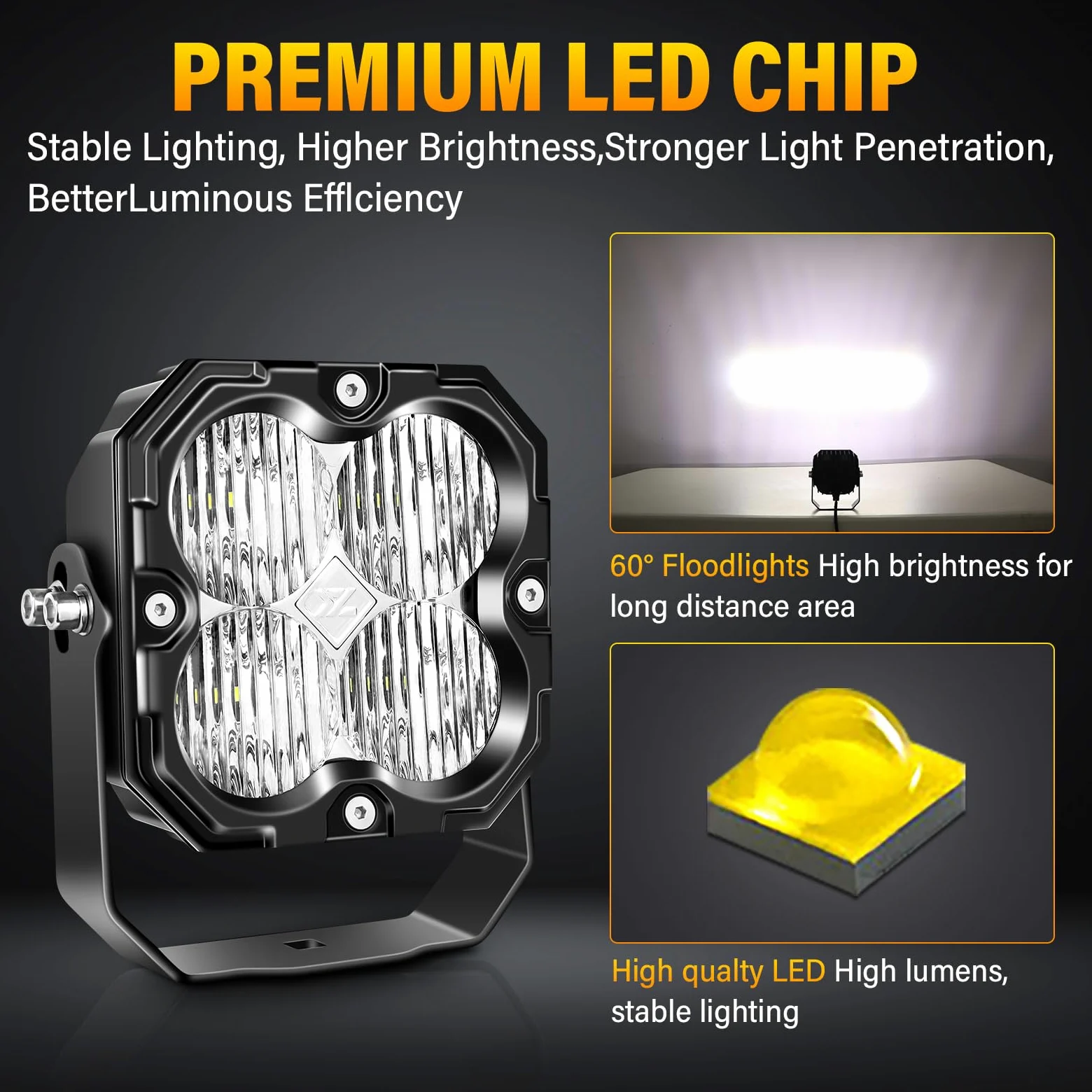 PICAA 2X Faro de trabajo LED,4 Pulgadas 30W 3000LM Haz Flood,5500K | con cableado Kit 12V,enlazable Luz conducción,IP67, para coche SUV 4x4 todoterreno camión tractor ATV UTV Moto Barco