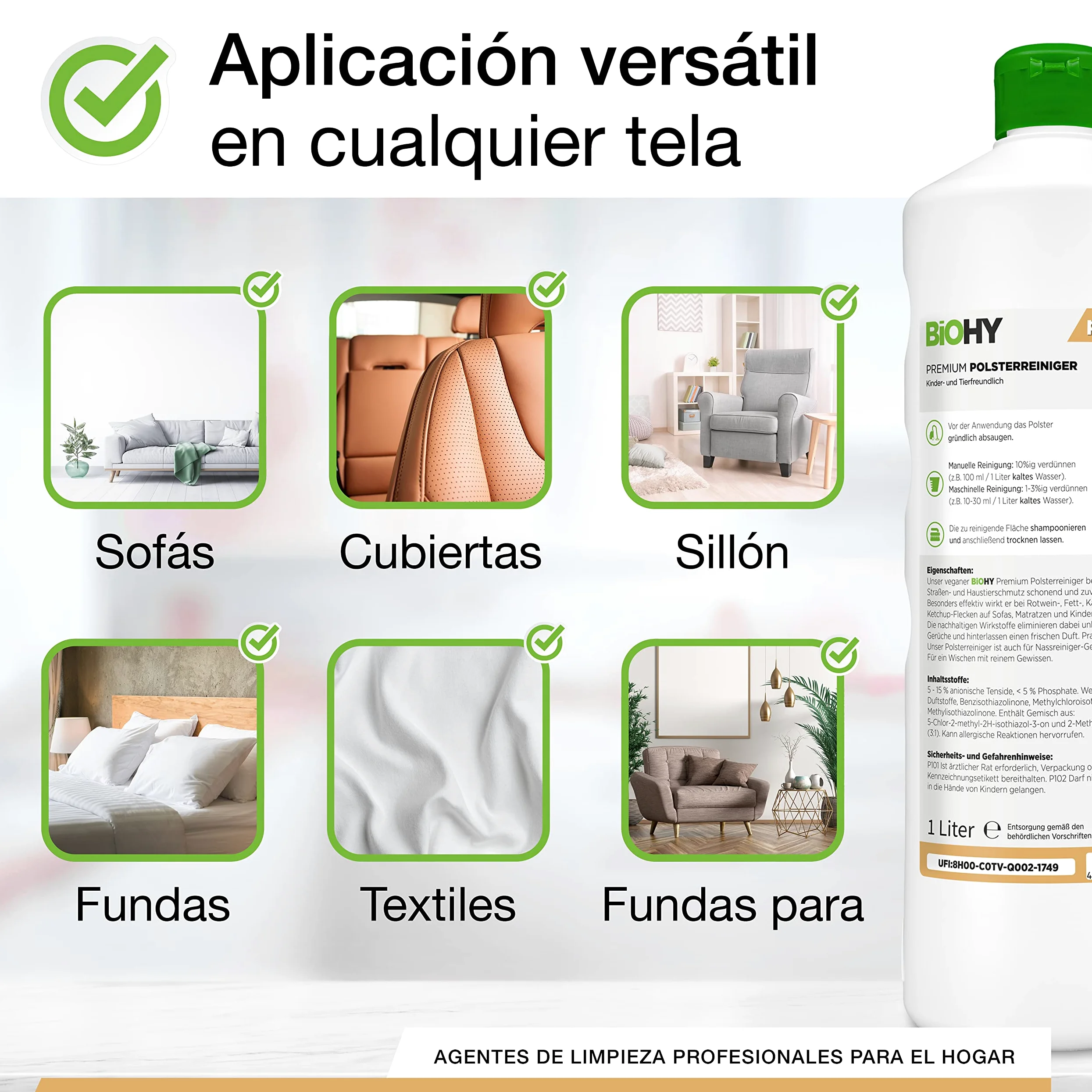 BiOHY Limpiador de Tapicerías Premium (12 botellas de 1 litro) | Concentrado para muebles tapizados, sofás, alfombras y textiles | quitamanchas que disuelven el olor (Premium Polster)