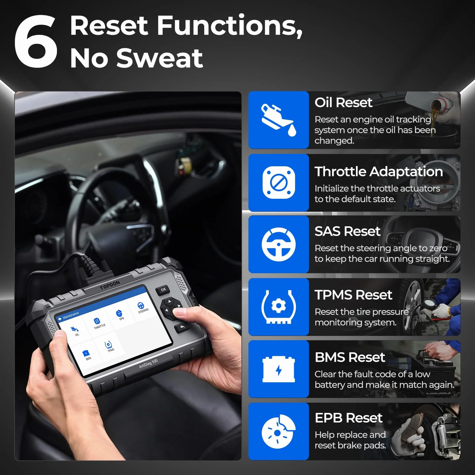 TOPDON AD500 OBD2 diagnosis coche multimarca con 4 Sistemas y 6 Funciones de Reinicio, Sistema de Motor ABS SRS Transmisión, reinicio para aceite/SAS/TPMS/ETS/BMS/freno, Actualización gratuita de WiFi