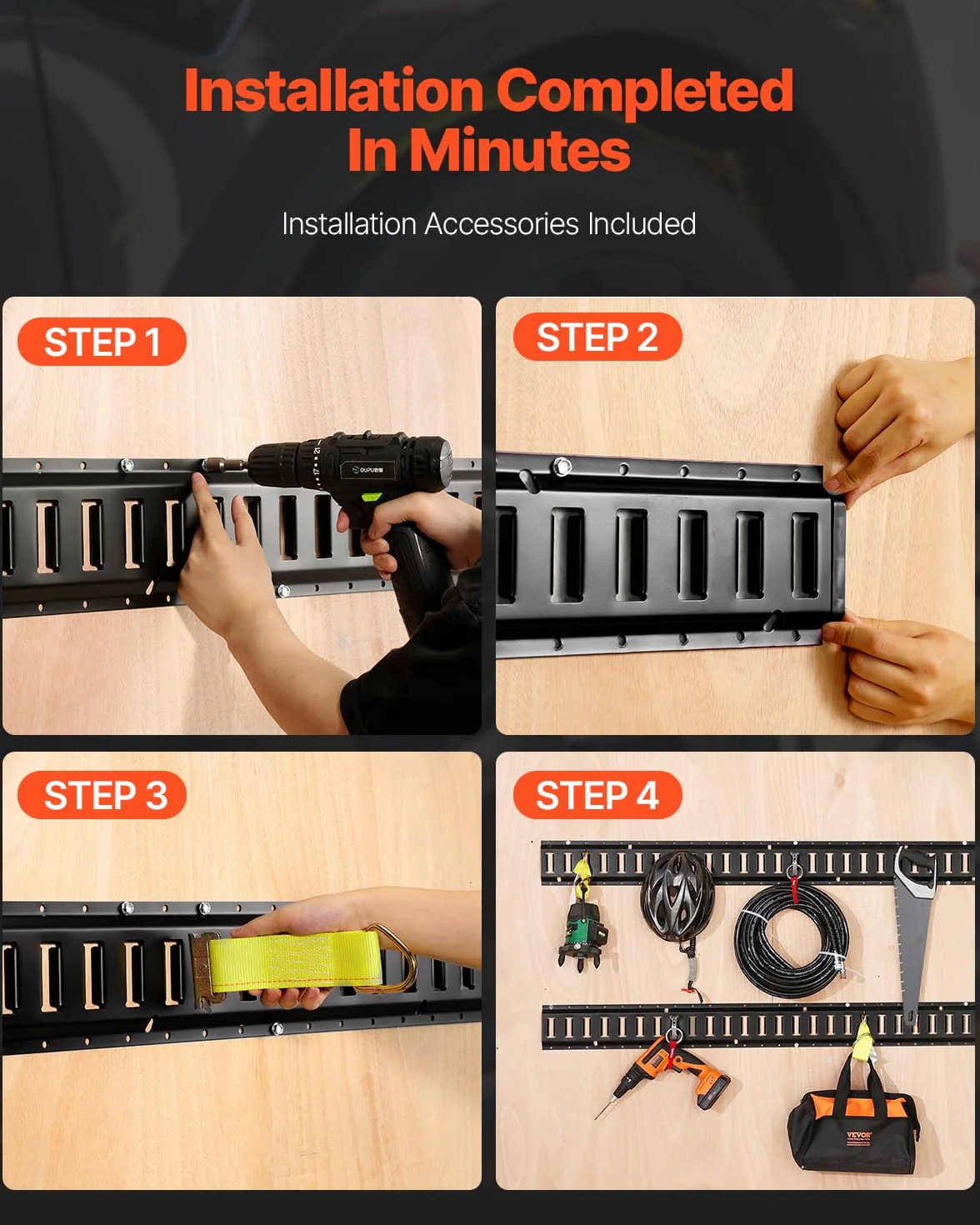 VEVOR Kit de riel de Amarre E Track, 30 Piezas de 5 pies E-Tracks Incluye 4 rieles de Acero y 2 Ranuras Individuales y 8 Juntas tóricas y 8 amarres con Anillo en D y 8 Tapas Finales