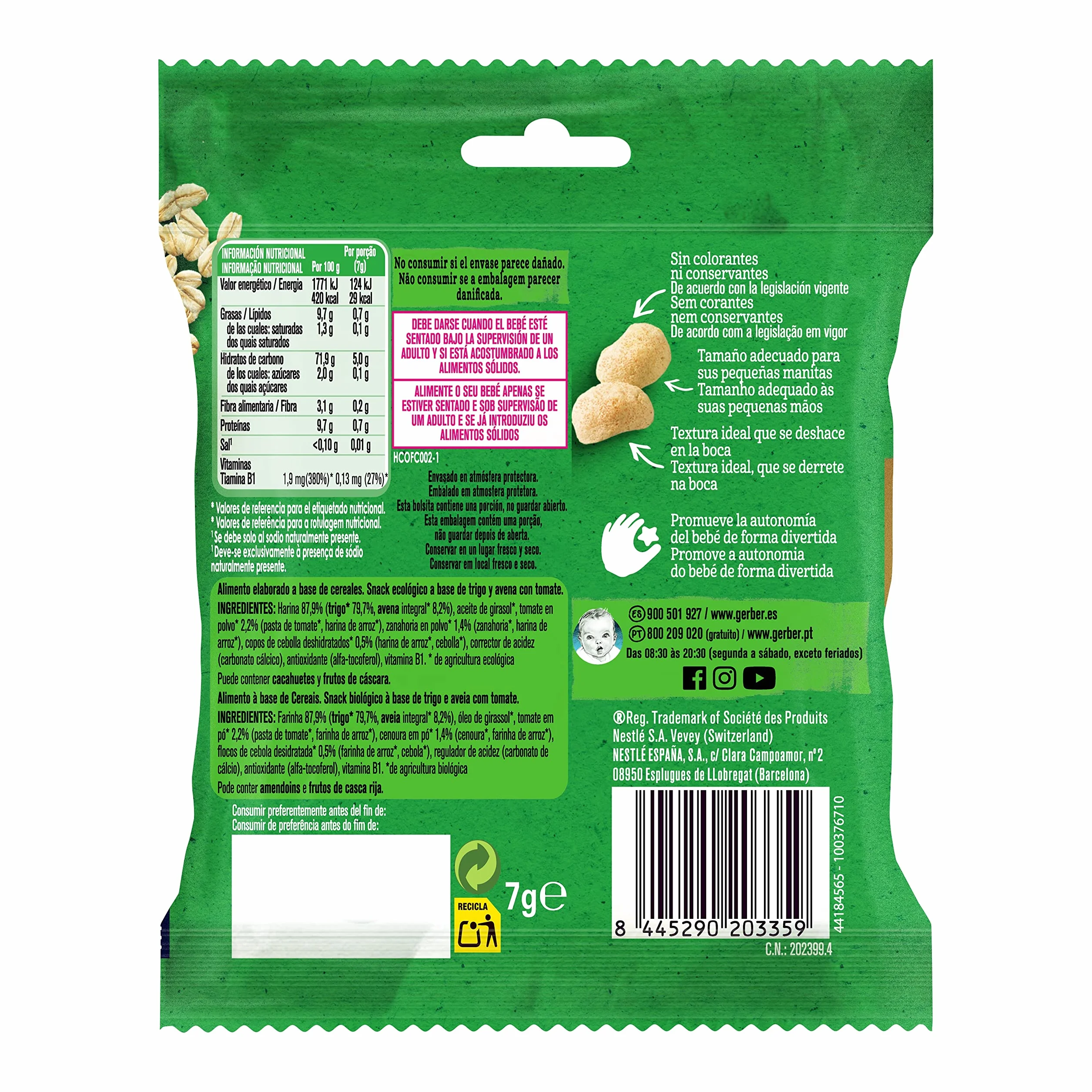 GERBER Organic Puffs Tomate Snack de Cereales para Bebés Bolsita 10x7g