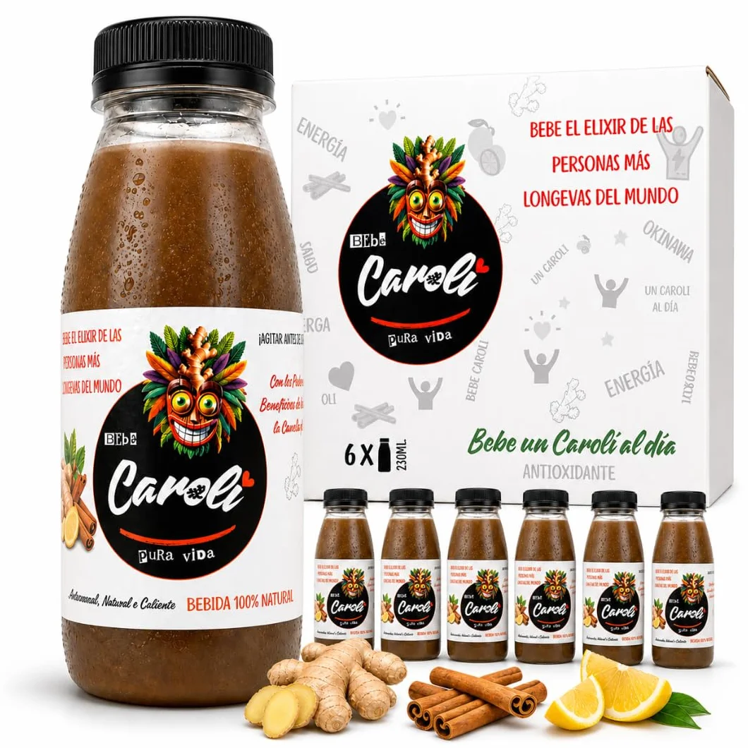 CAROLI Bebida de jengibre limón y canela Refresco natural Sin gas Sin azúcares Sin alcohol Digestiva Antiinflamatoria Antioxidante Hidratante Ginger 6x230ml