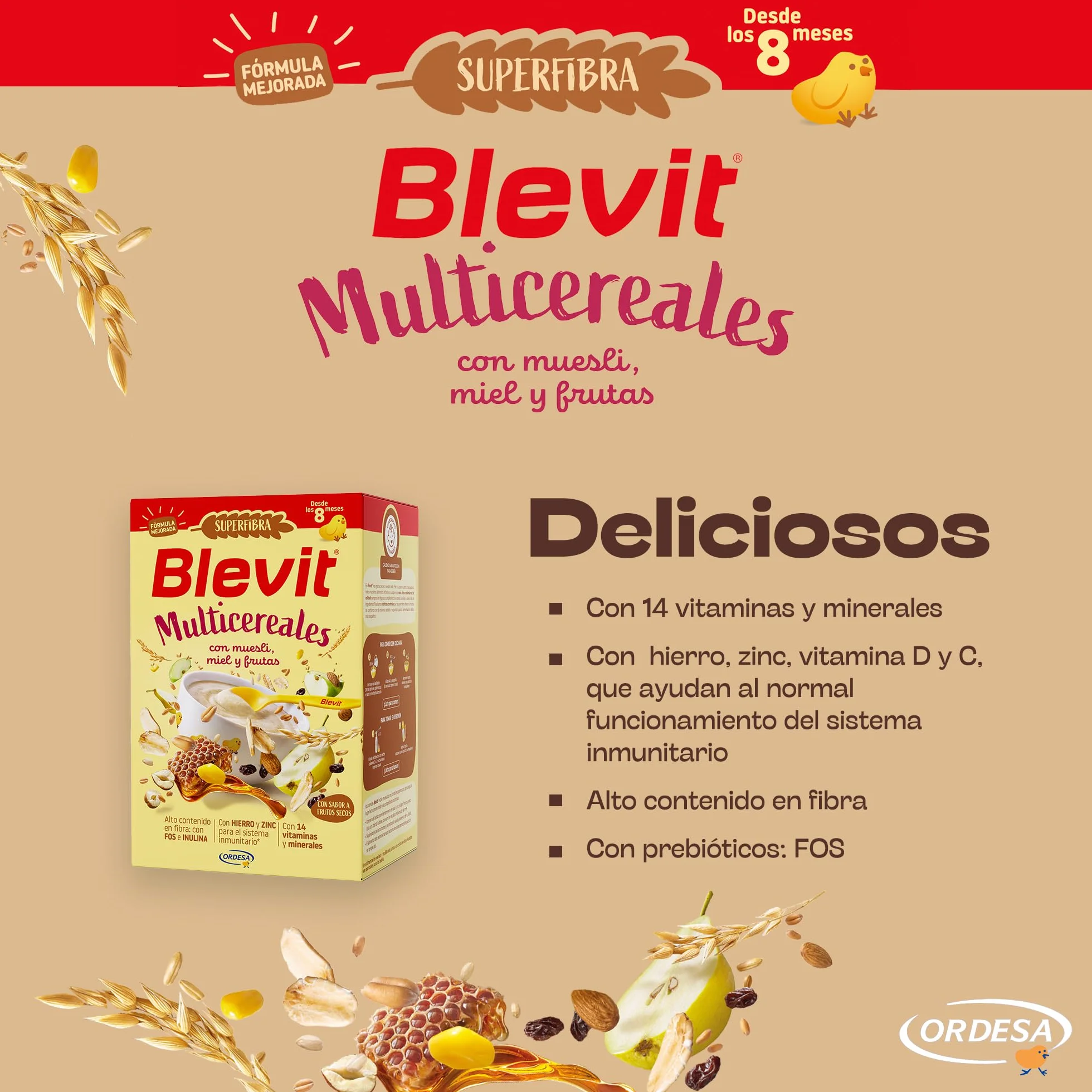 Blevit Superfibra Multicereales Papilla 8 Cereales con Muesli, Miel y Fruta 500g para Bebé 8 Meses