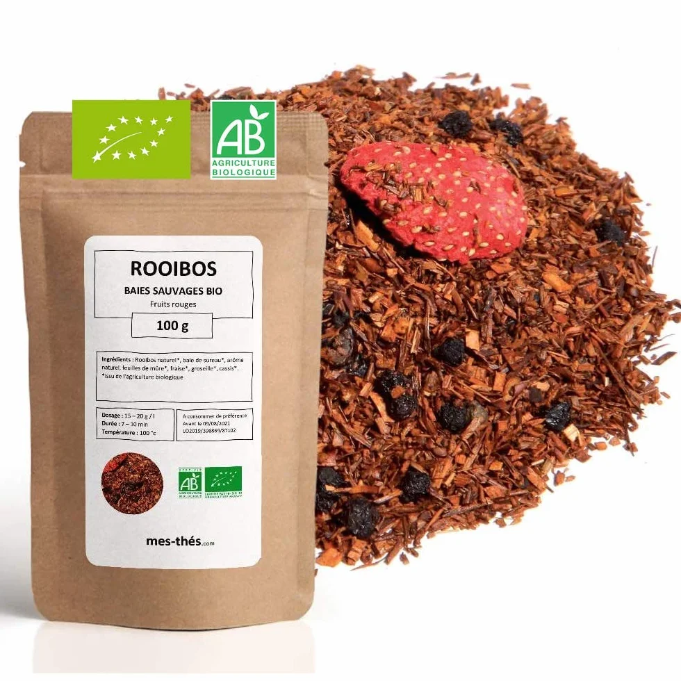 Rooibos Bio Bayas silvestres Frutas rojas Té a granel 100 g 40 tazas Agricultura orgánica Mes-tés