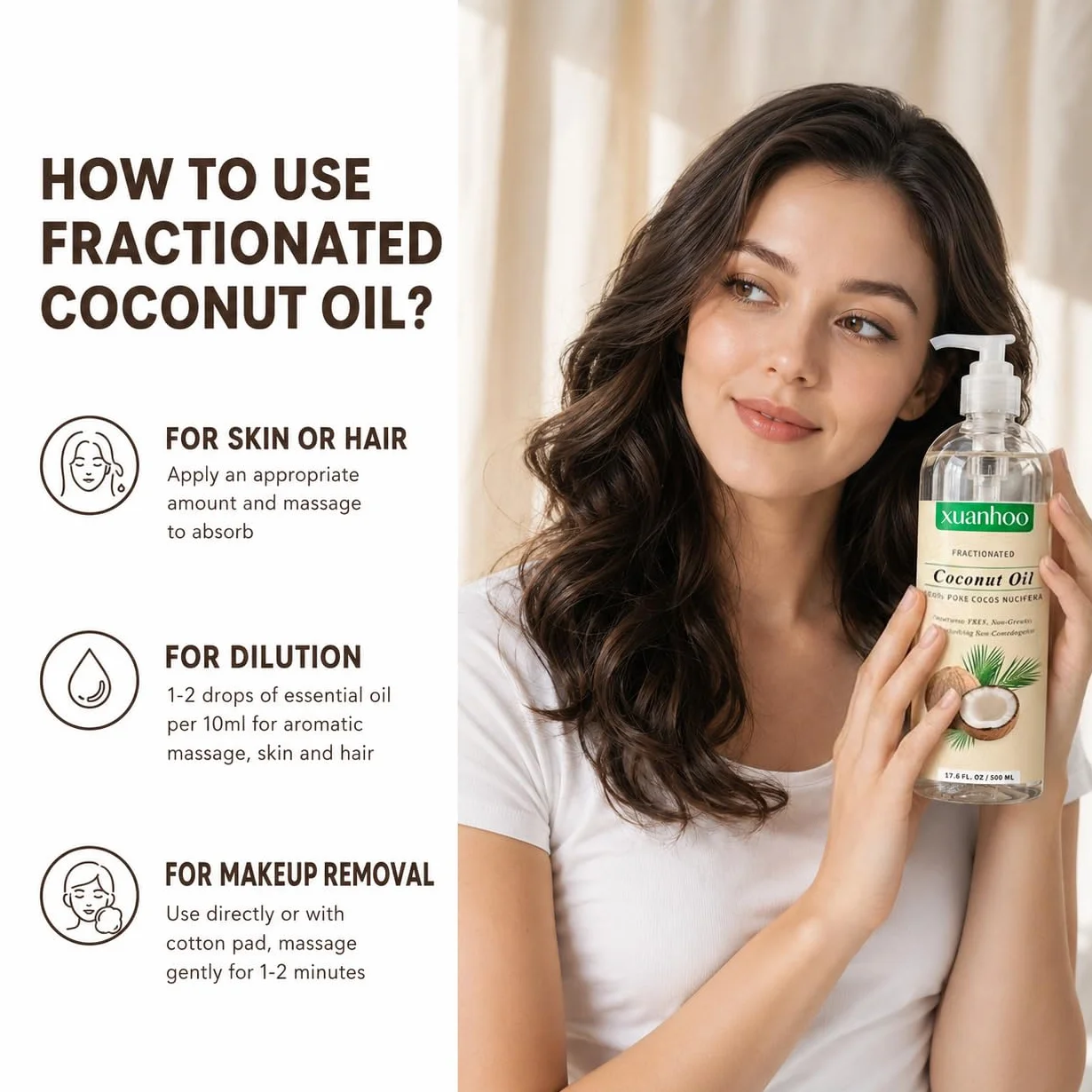 Aceite de coco fraccionado 500ml 100% puro natural para cabello piel y uñas