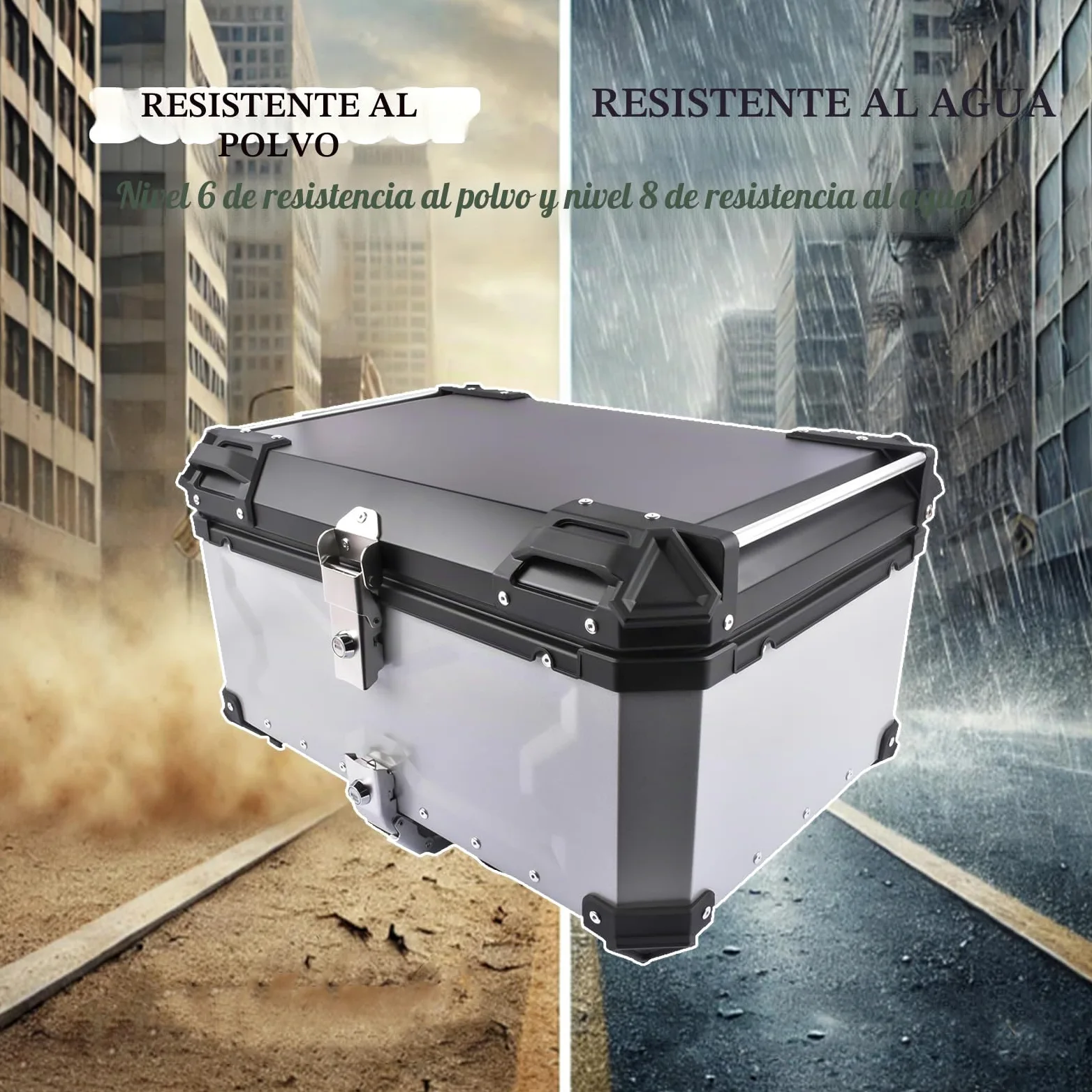 Plata 65L Maletín Superior para Moto, Maletín Universal de Aluminio Impermeable con Cierre de Seguridad para Guardar el Casco