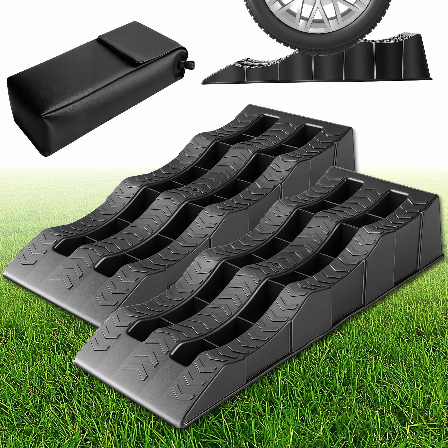 Rampas para Coches, 3 Niveles de Altura 4/7/10cm Calzos Autocaravana, 2 Unidades Rampa Coche, Camper Furgoneta Accesorios, Estabilizadores Camper, Cuñas Niveladores para Cualquier Superficie