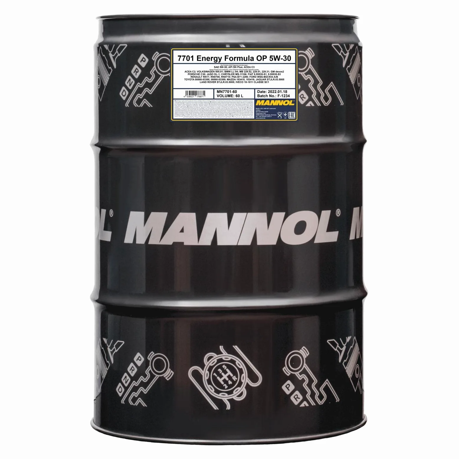 MANNOL Aceite de motor 5W-30 Energy ACEA C2 ACEA C3 API SP Formula OP 60L Compatible con VW Polo V Hatchback 6R1, 6C1 Golf 7 Hatchback 5G1, BQ1, BE1, BE2, PEUGEOT 208 I Hatchback CA, CC, TOYOTA, OPEL