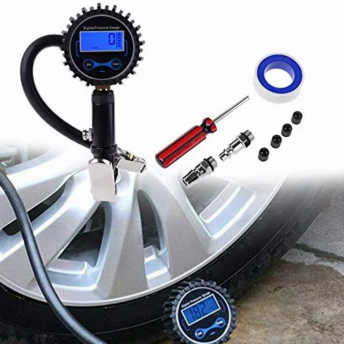 Inflador de neumáticos Digital con manómetro y luz LED Nocturna Trasera - Pistola de inflado automático de Aire Resistente con 4 Tapas de válvula