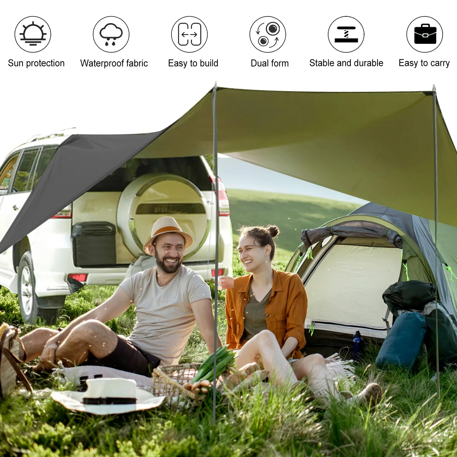 Toldo Coche, 280 x 380 cm Toldo para Portón Trasero y Lateral Impermeable, para Furgonetas y Autocaravanas (Negro)