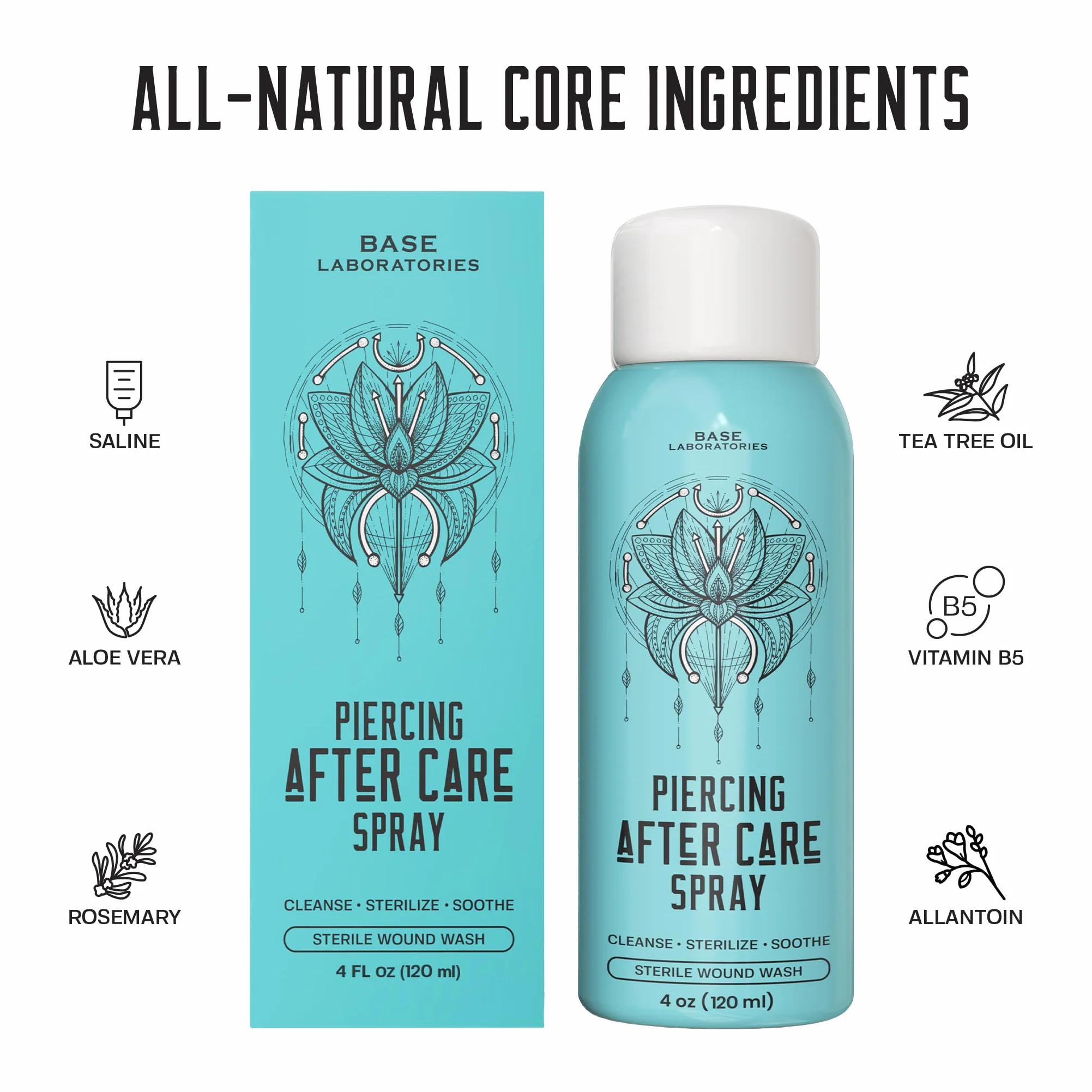 Base Labs Spray Cuidado Posterior Perforación Sal Marina 4oz Limpia Esteriliza Calma Solución Salina Piercings