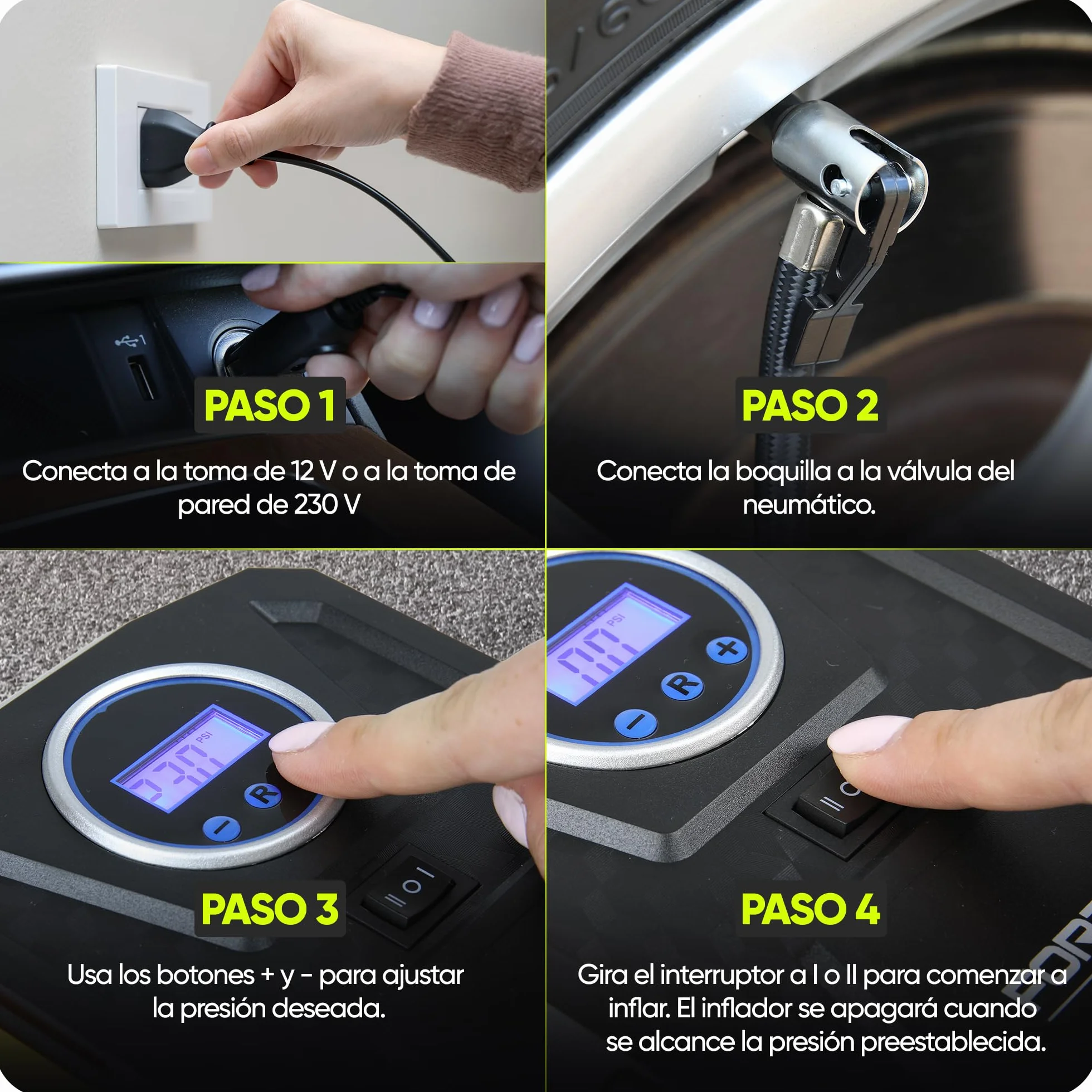 FORTEM Inflador de Ruedas de Coche, Compresor de Aire - Manómetro Digital, Autobombeo, Parada Automática - Bolsa de Transporte