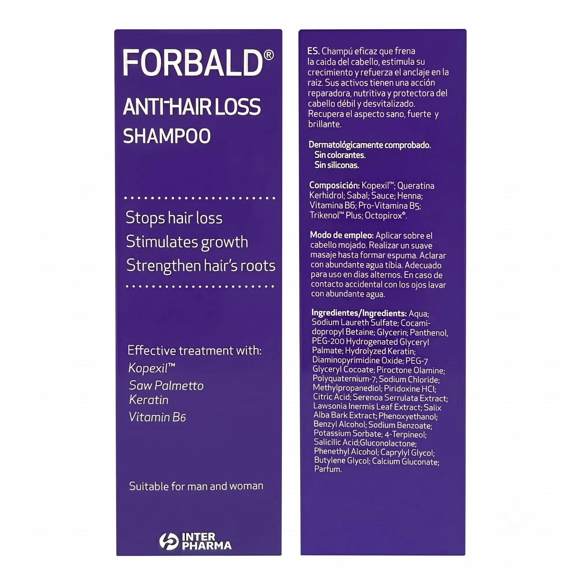INTERPHARMA SA Forbald Champú Anticaída 250 ml con Kopexil, Queratina y Sabal