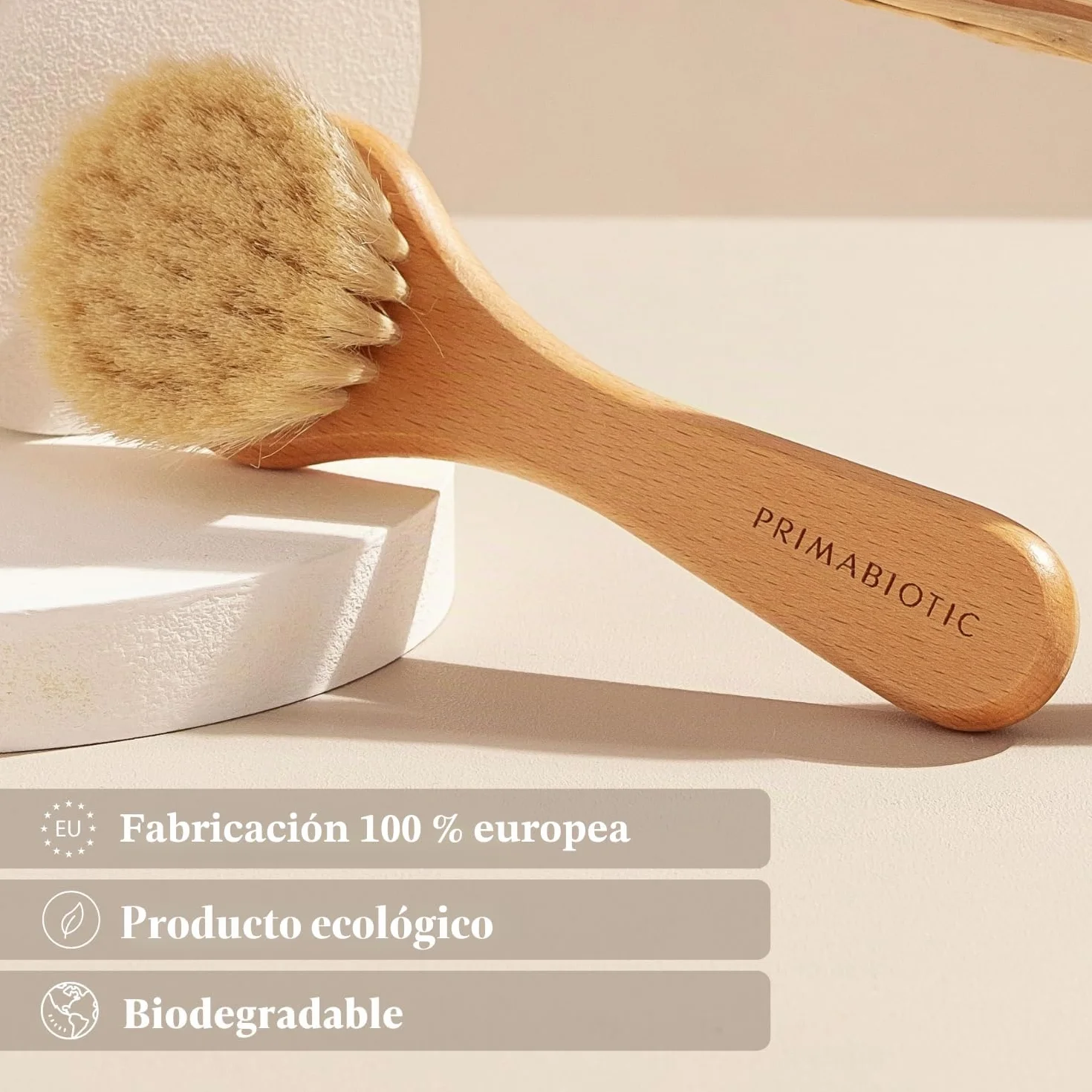 Primabiotic Cepillo de Masaje Facial de Madera de Roble y Pelo de Cabra para Limpieza Seca Natural