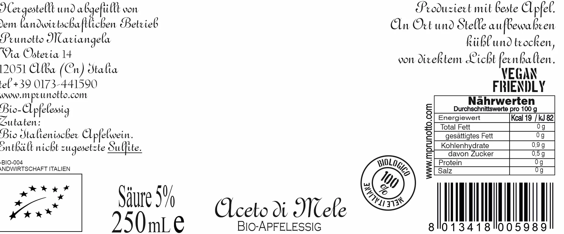 Mariangela Prunotto Empresa Agricola Ocet jabłkowy organiczny niefiltrowany z matką 250 ml 6 sztuk