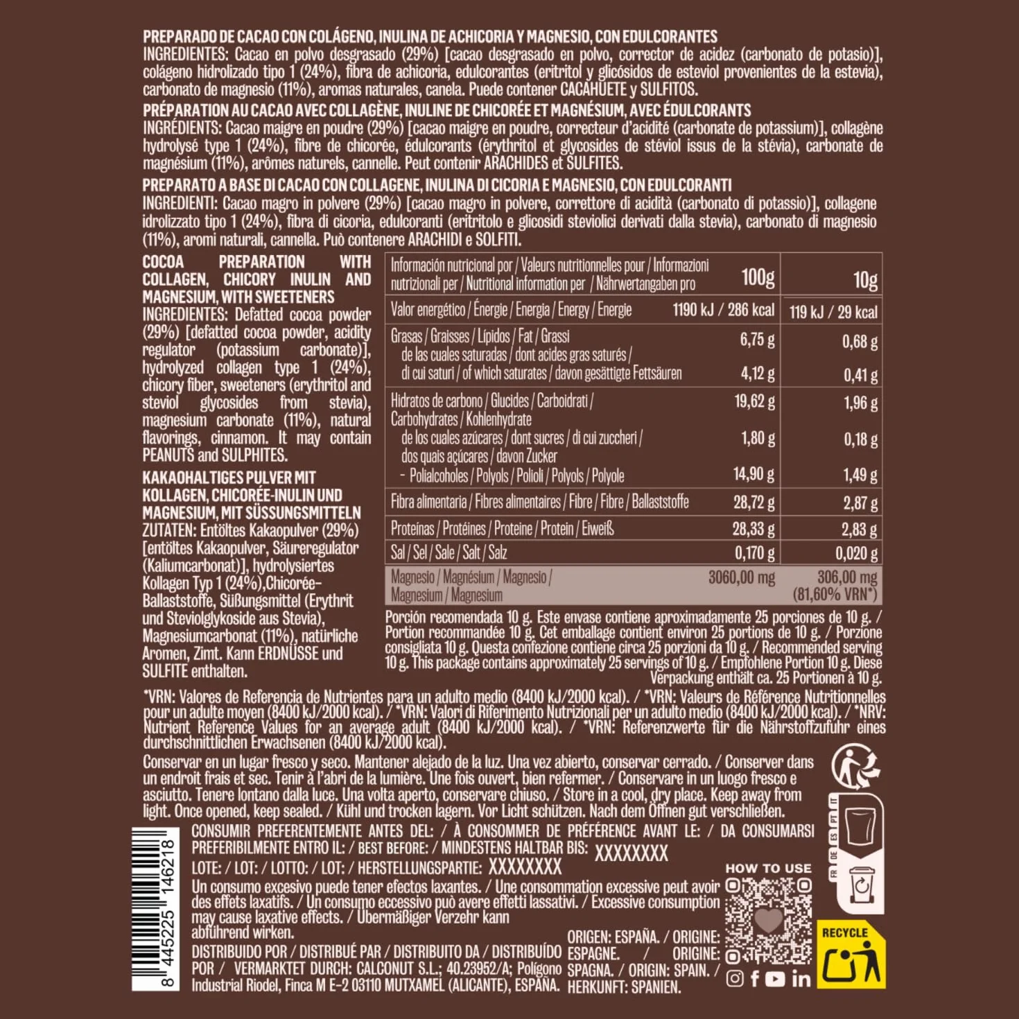 Nut&me Cacao con colágeno y magnesio 250 gr, alto en magnesio, hierro, potasio, keto, sin gluten