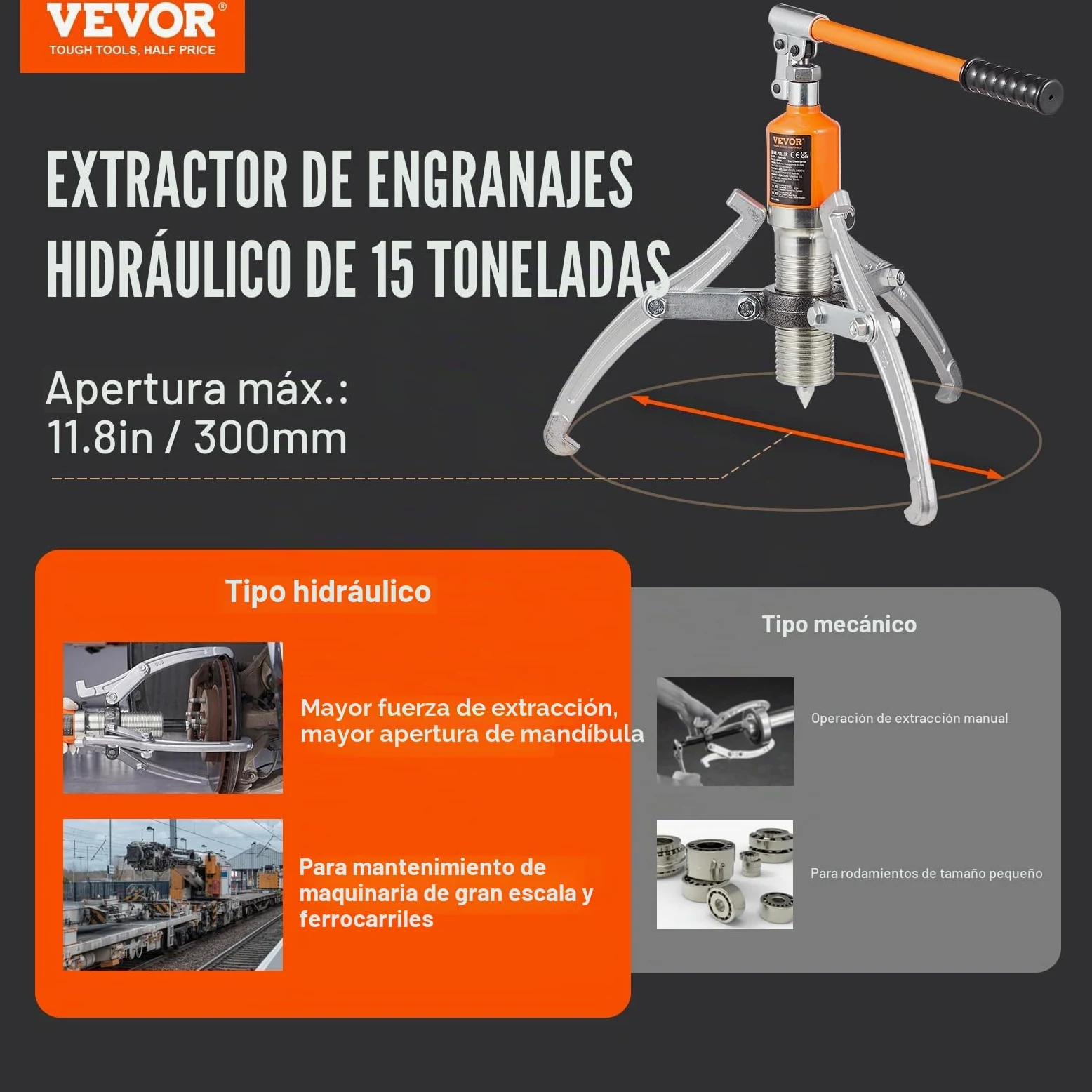 VEVOR Extractor De Engranajes Hidráulico 2 o 3 Patas de Acero Separador De Tracción De Rodamientos Capacidad de Tracción 15 T Extractor de Cojinetes Extensión de 304,8 mm para Desmontaje de Engranajes