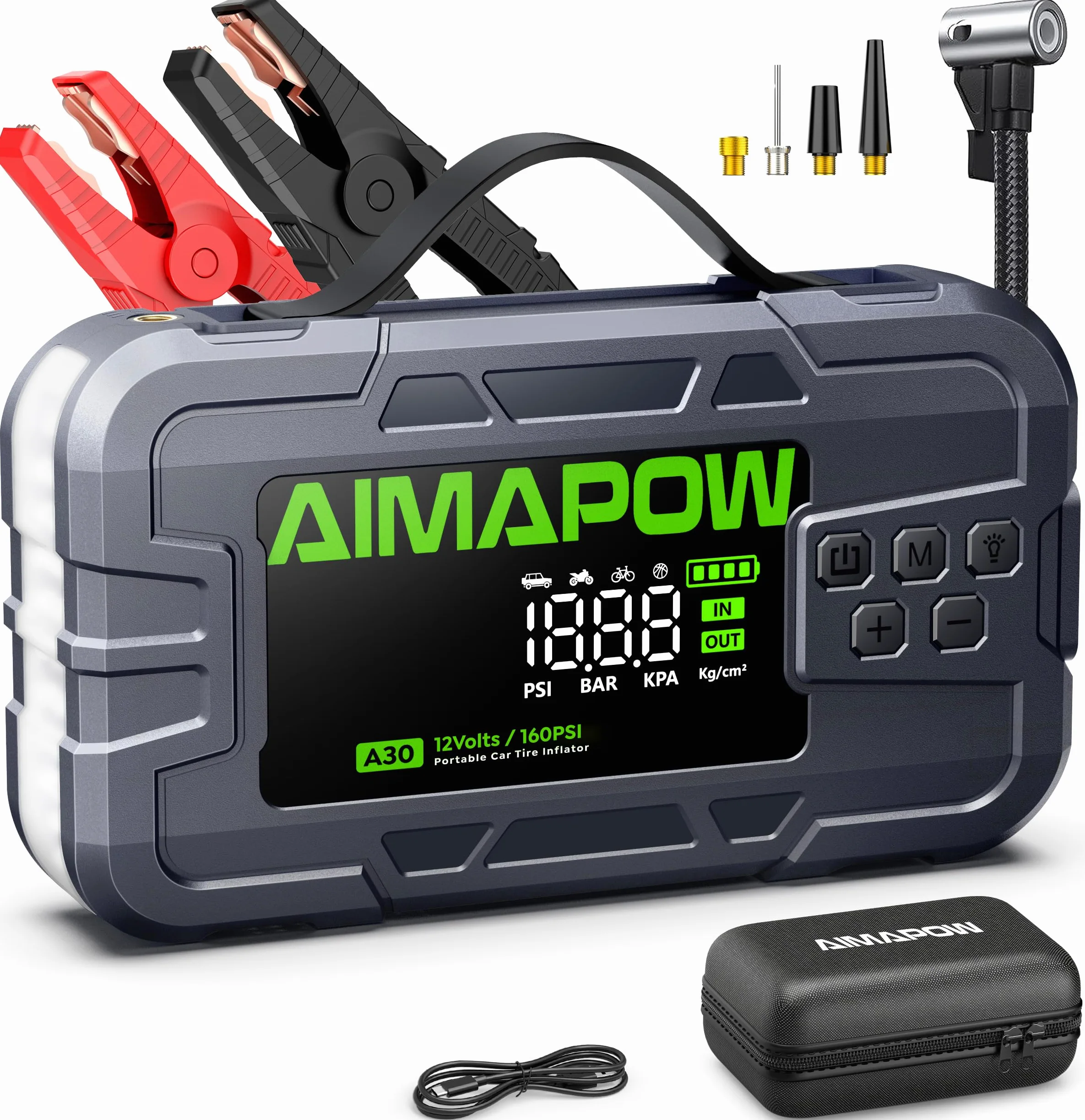 Arrancador de batería de coche con compresor de aire, 8000 A, 160 PSI | Todos los gases/12L Diesel, 12V portátil, carga rápida, luz LED de 270°
