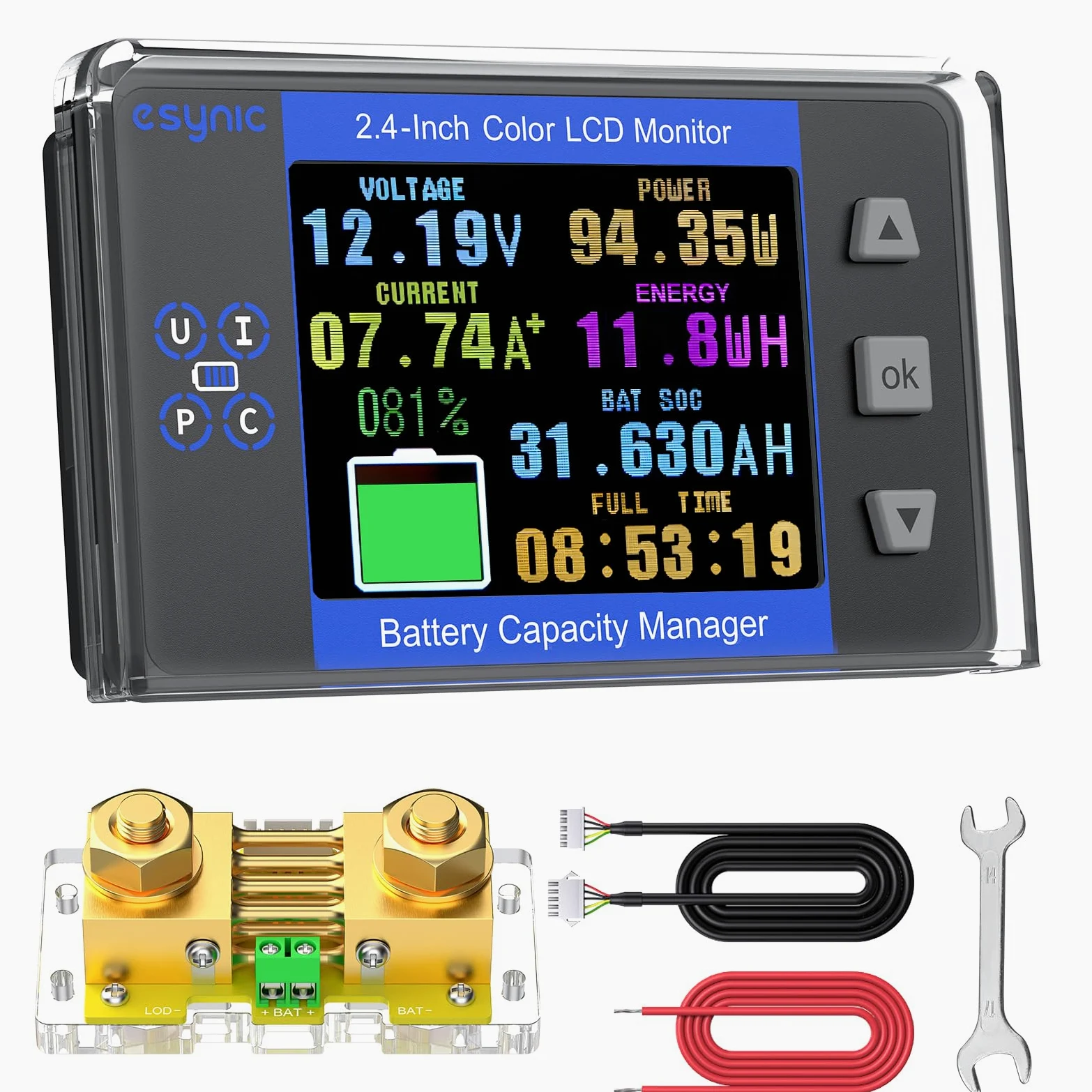 eSynic Monitor de batería profesional con rango de derivación de 10 V-120 V y hasta 500 A-2.4 pulgadas, pantalla LCD de retroiluminación a color para plomo ácido/LiFePO4/alarma de bajo voltaje, solo