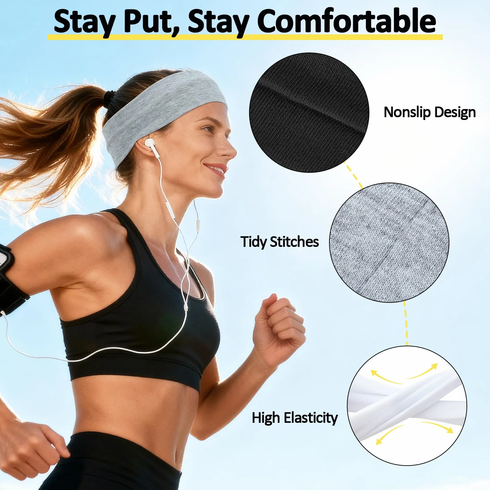 Diadema Mujer Antideslizante Tela Cinta Pelo Deporte Bandana Hombre Elástica Absorbente Sudor Headband Correr Yoga Gimnasio Negro Blanco Gris