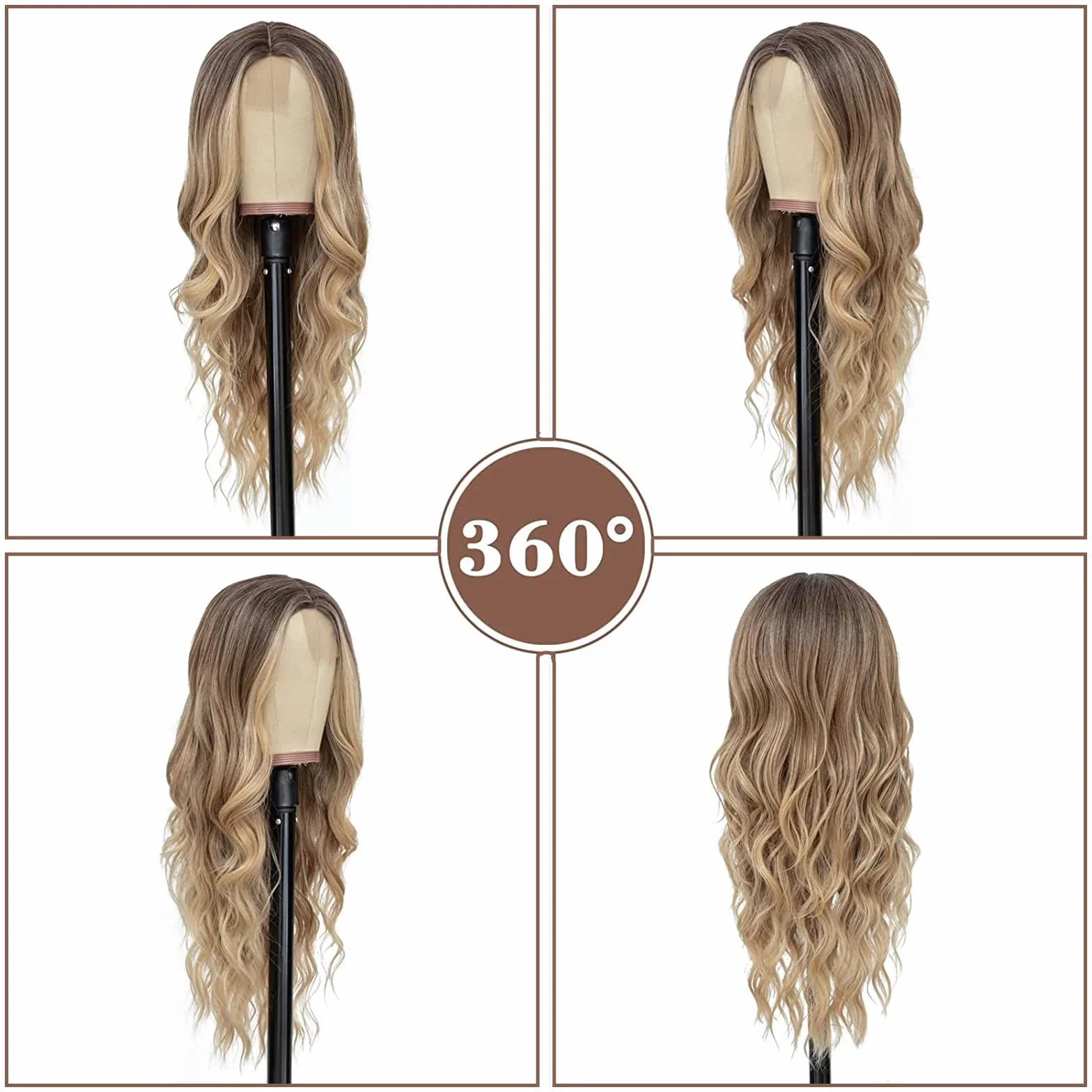 Peluca Sintética de Onda Natural Larga Ombre Marrón a Dorado para Mujer Carnaval Cosplay