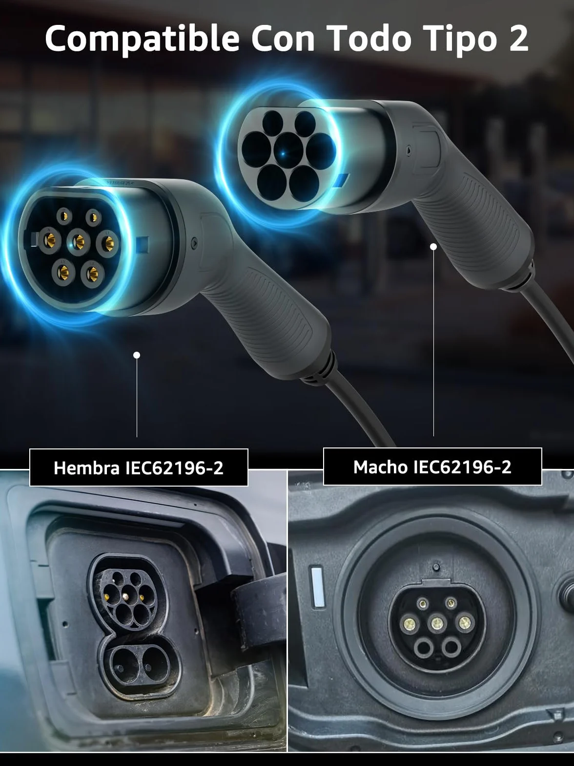 bokman EV Cable de Carga Tipo 2, Modo 3 / 32A / 22kW / Trifásico / 5 Metros, Cable de Carga Rápida Híbrido Enchufable para Vehículo Eléctrico Tipo 2 a Tipo 2