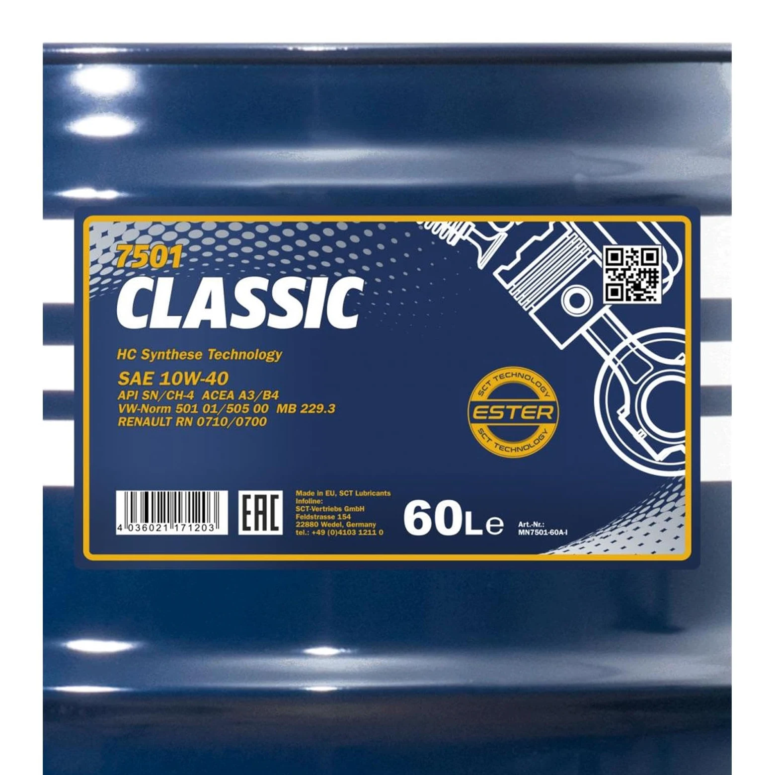 MANNOL Aceite de motor 10W-40 ContiClassic aceite parcialmente sintético ACEA A3/B4 API CH-4 API SN 60L Compatible con VW Polo V Hatchback 6R1, 6C1 up! Hatchback 121, 122, BL1, BL2, BL3, 123, TOYOTA