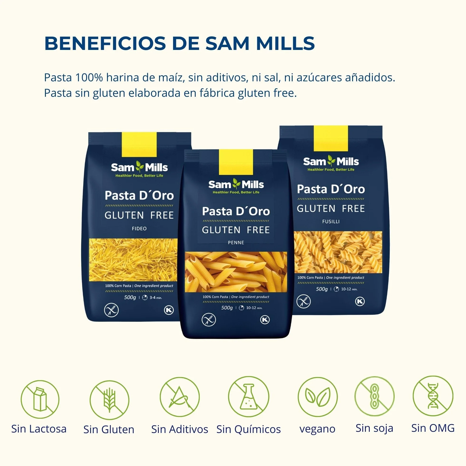Sam Mills Pack 6 Unidades Pasta Sin Gluten 500 g Harina de Maíz Vegana