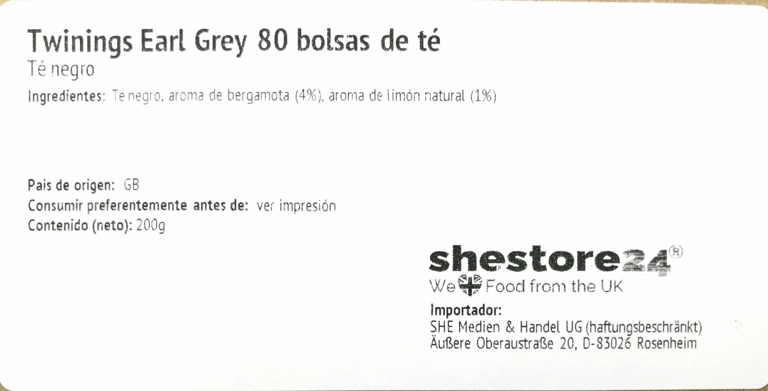 Earl Grey té negro inglés bergamota limón 80 bolsitas