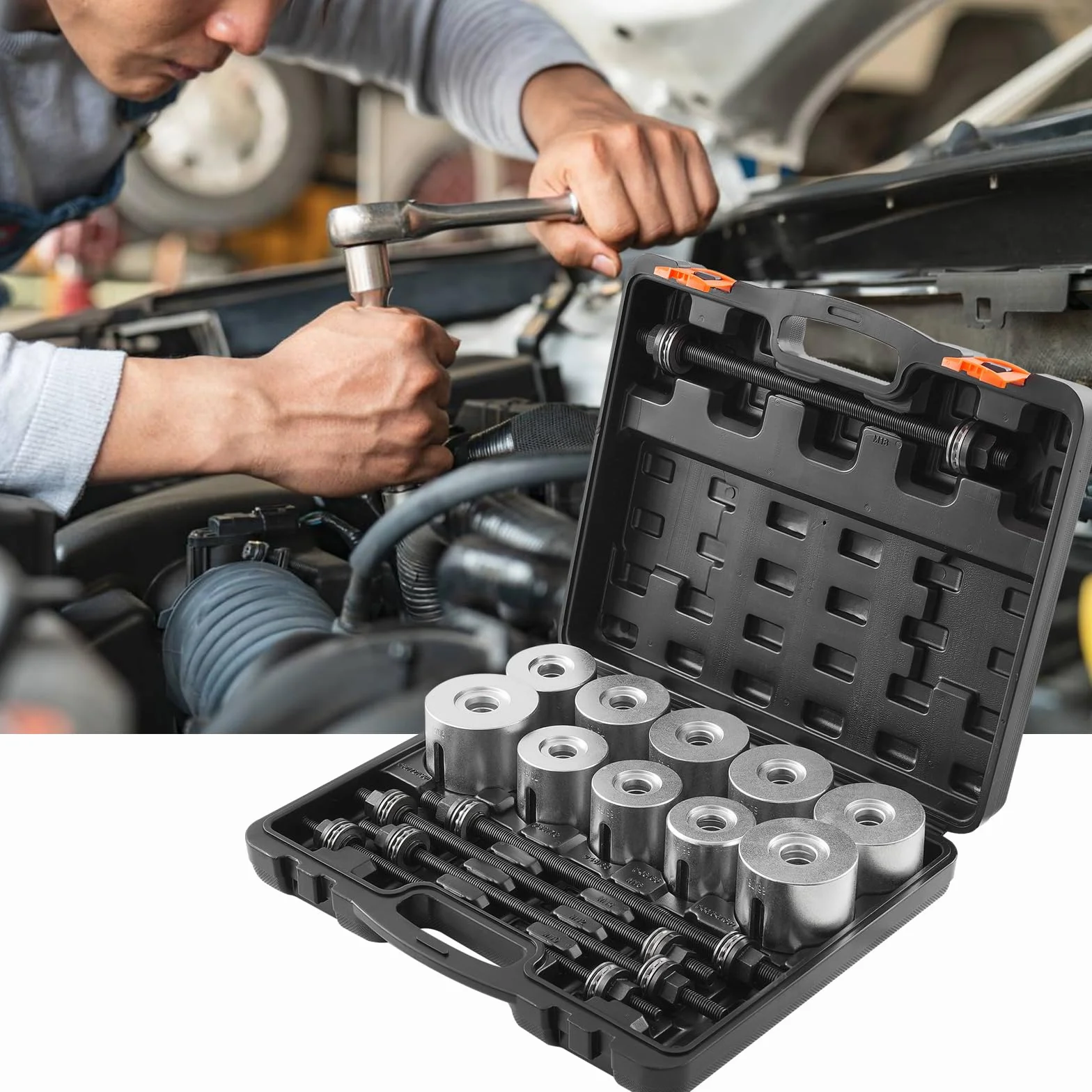 VEVOR 27 PCS de Kit de Manguitos de Extracción y Presión de Cojinetes de Buje de Acero Kit de Inserción y Extracción de Bujes con Estuche Compatibilidad con Varios Vehículos para Motores LCV y HGV