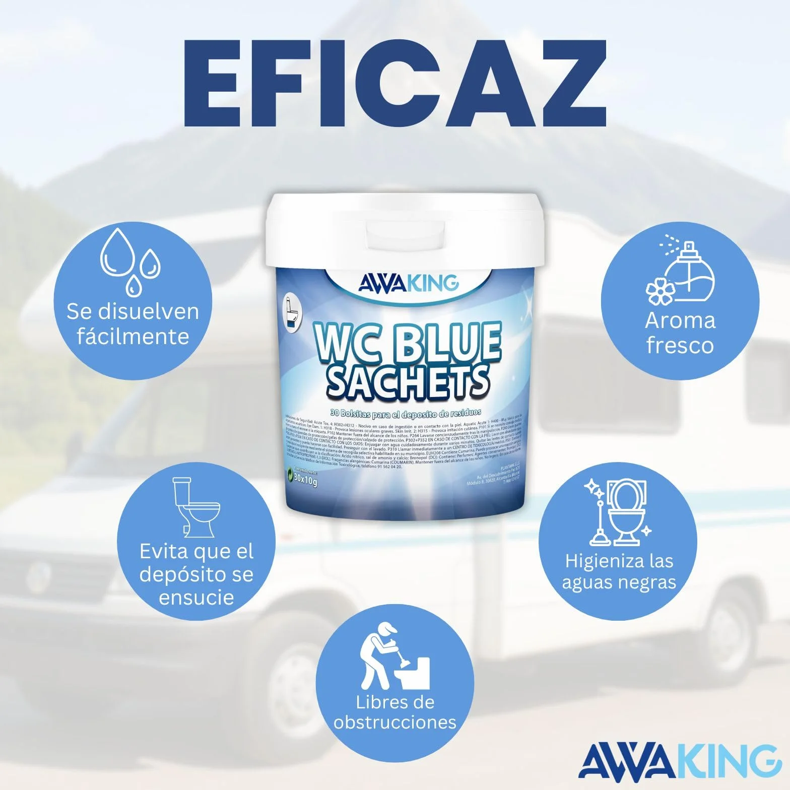AWAKING Pastillas WC Quimico Autocaravana Blue Sachets 30ud | Limpia y Desodoriza. Fórmula Concentrada y Aroma Fresco Depósito Aguas Negras de Caravana, Limpieza profunda, Camper, Descompone Residuos.